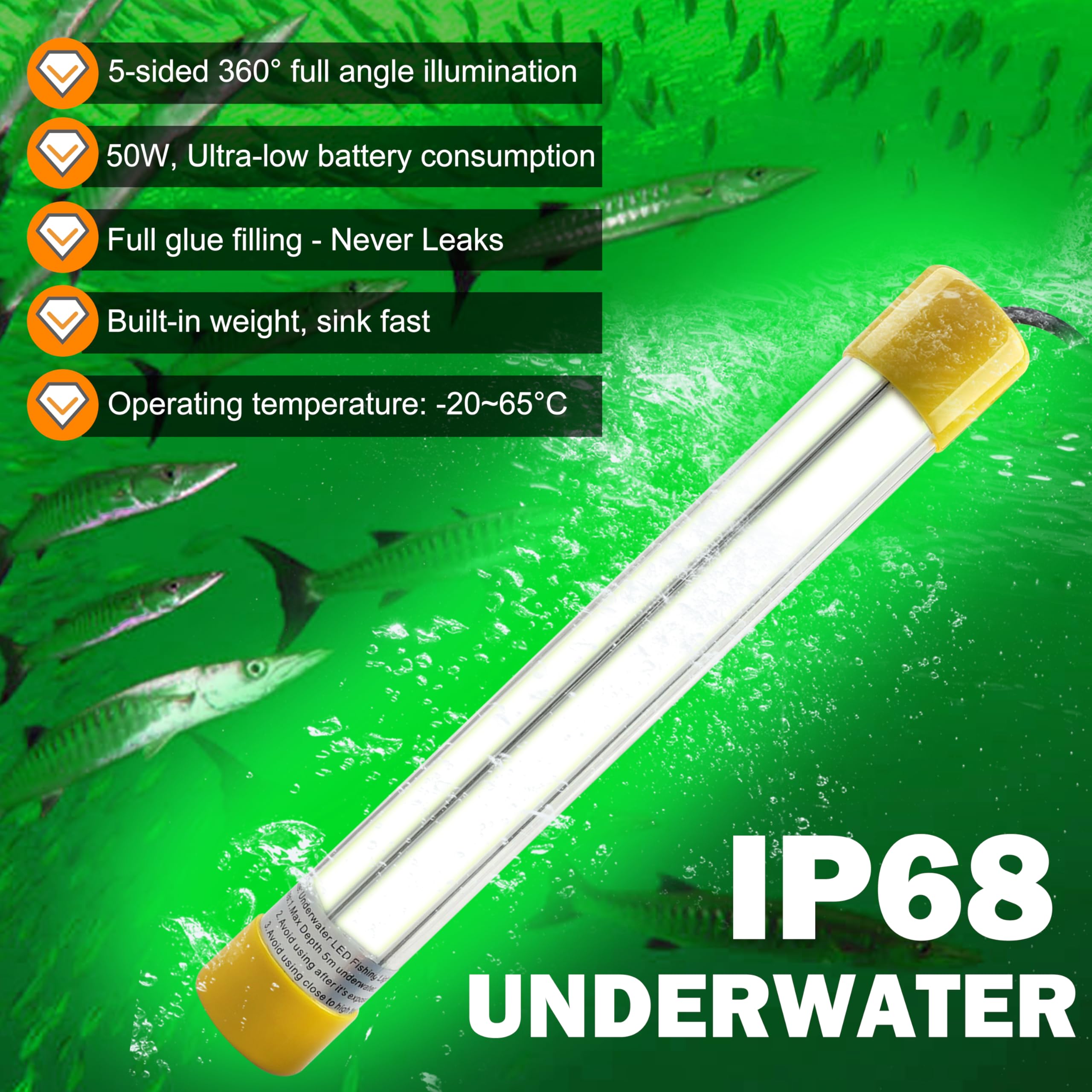 OROOTL Underwater Fishing Light 30000 Lumens 12V 50W Super Bright LED Green Fishing Lights Submersible Fish Bait Finder Attractant Lamp for Boat Dock Squid Shrimp Prawns Fish Crowd