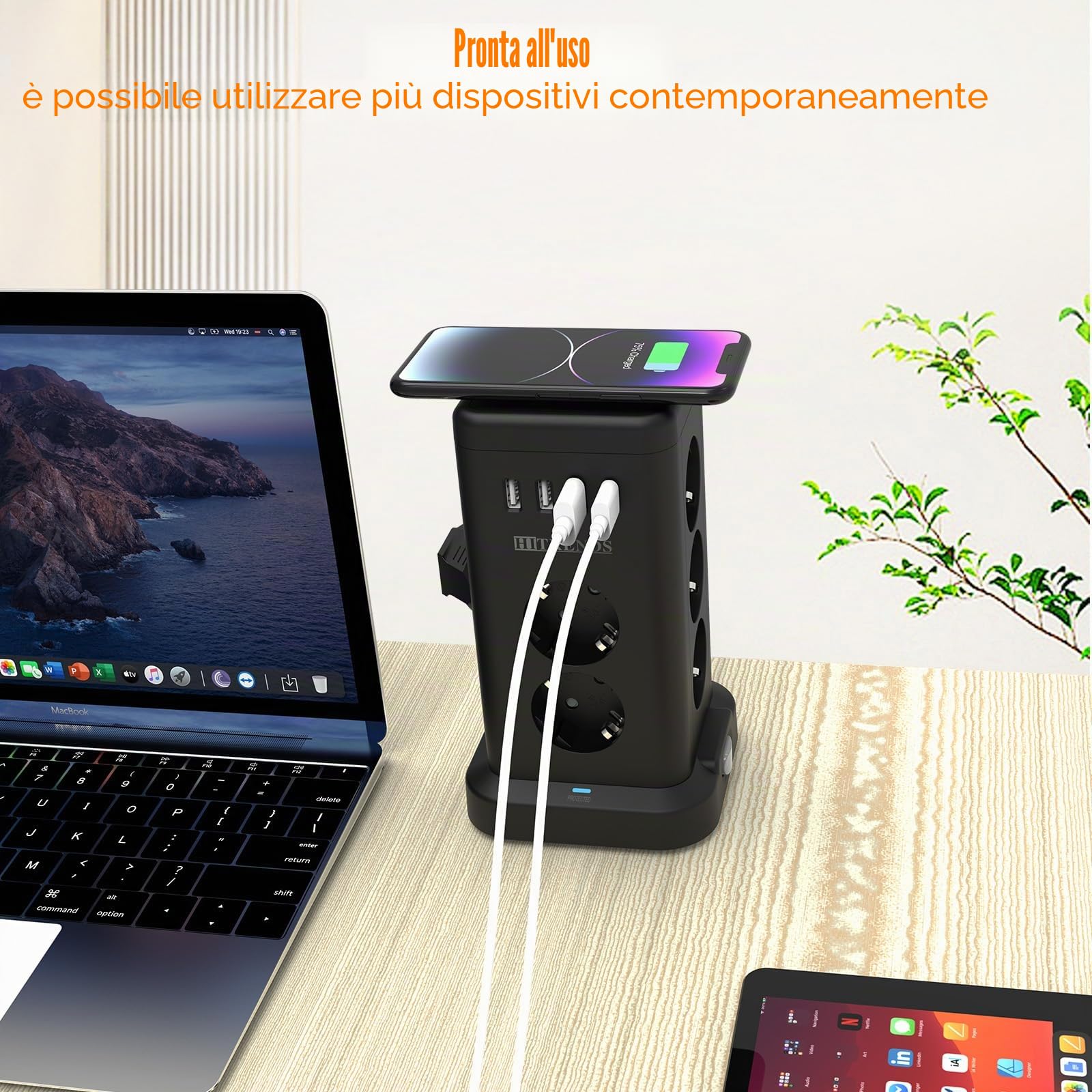Torre di Prese 11-in-1 con Ricarica Wireless | Protezione da Sovratensione con Interruttore | 16A 3680W | Ciabatta (11 Schuko + 4 USB) | Cavo di Prolunga 2m | per Ufficio, Nero
