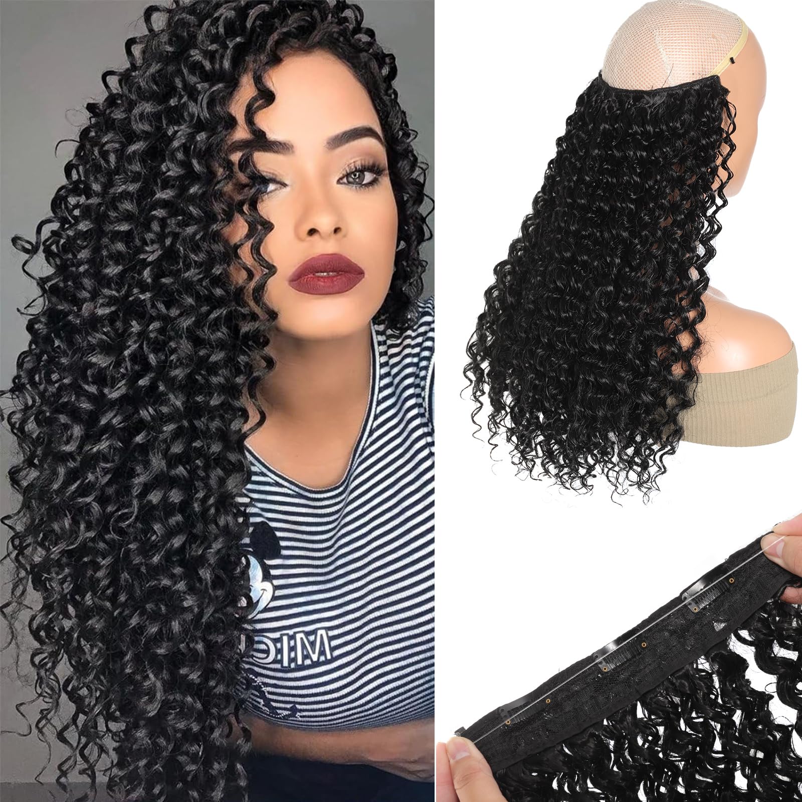 Curly Hair Extensions Invisible Wire Hair Extensions with Transparent Wire Adjustable Size 3 Secure Clips Long deep Secret Synthetic Curly Braiding hair