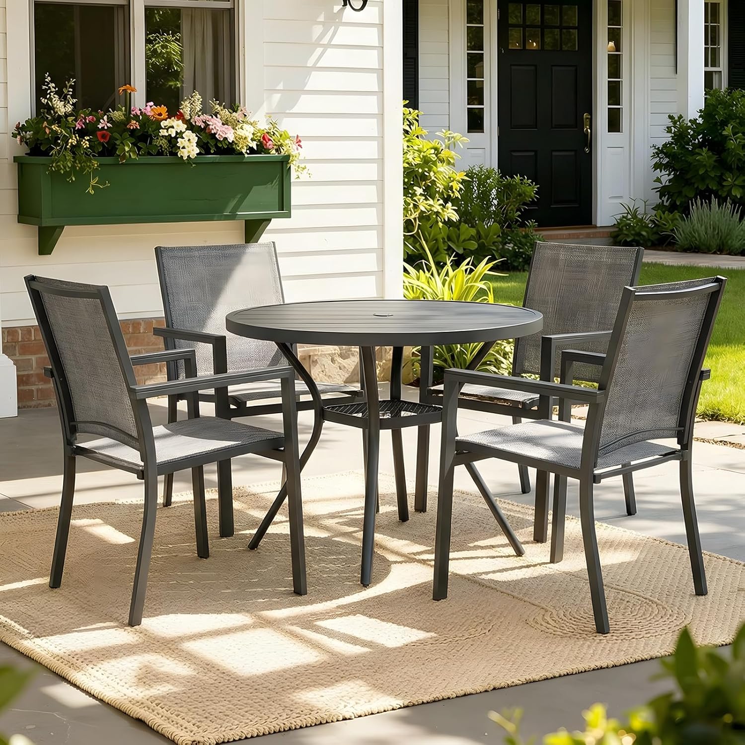 MEOOEM 5-Piece Patio Dining Set for 4, Outdoor Round Tables and Textilene Sling Chairs Set of 4, All Weather Heavy Duty Outdoor Patio Table and Chairs for Outside, Deck, Garden, Backyard