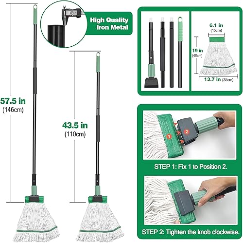 Miniatura 2 de Trapeador resistente para limpieza de suelos, trapeador comercial industrial con mango de 57.5 pulgadas de largo, mopas de algodón húmedo con cuerda