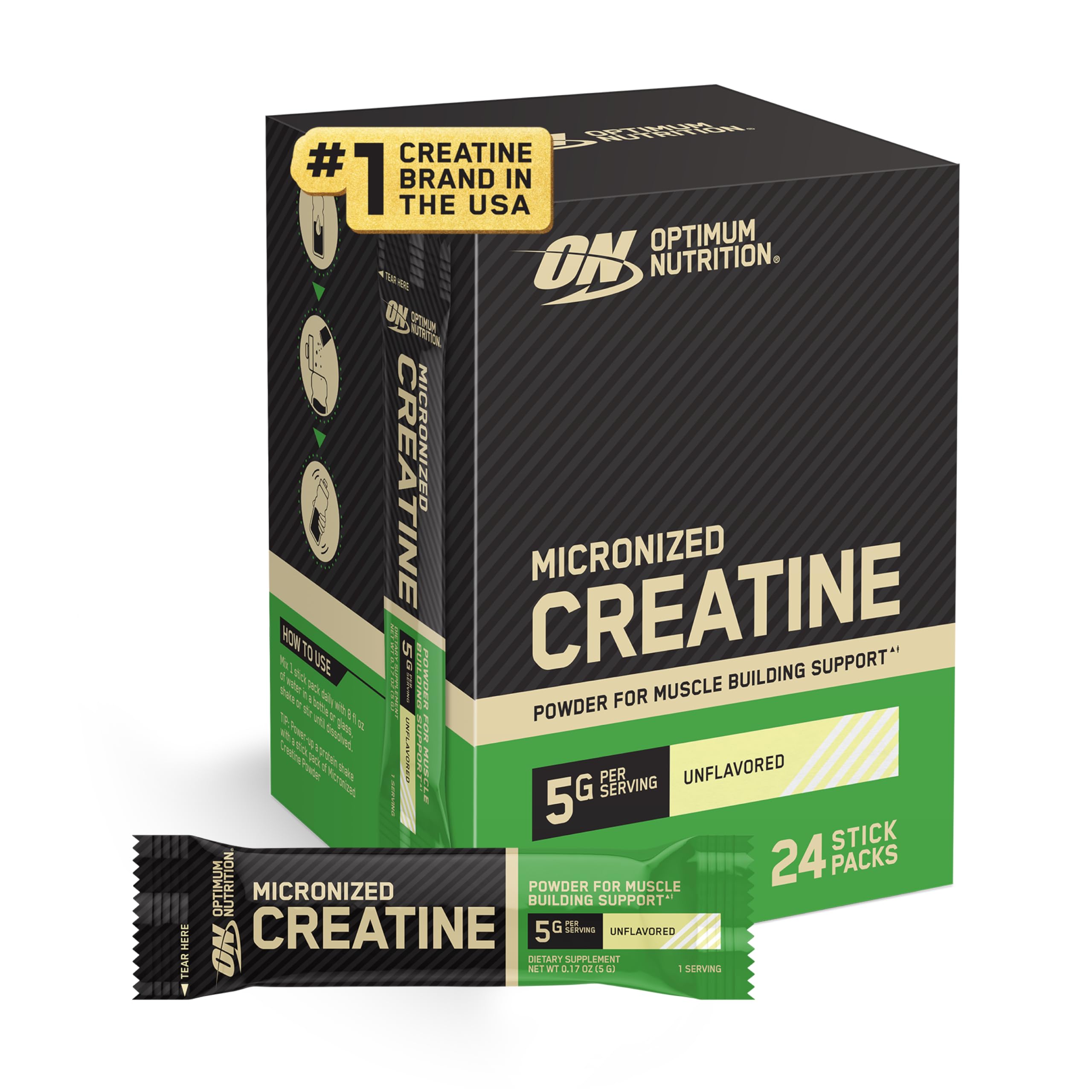 Optimum Nutrition Micronized Creatine Monohydrate Stick Packs, Unflavored Creatine, On the Go Single Serve Travel Packs, 24 Count