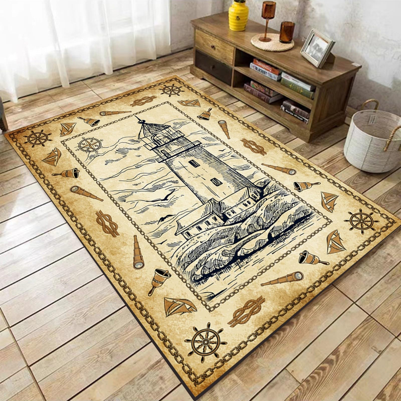 Vintage Nautical Area Rugs, 5x6ft,Ocean Sailboat Steering Wheel Lighthouse Compass Rug，Telescope Nautical Coastal Area Rug， for Living Room Bedroom