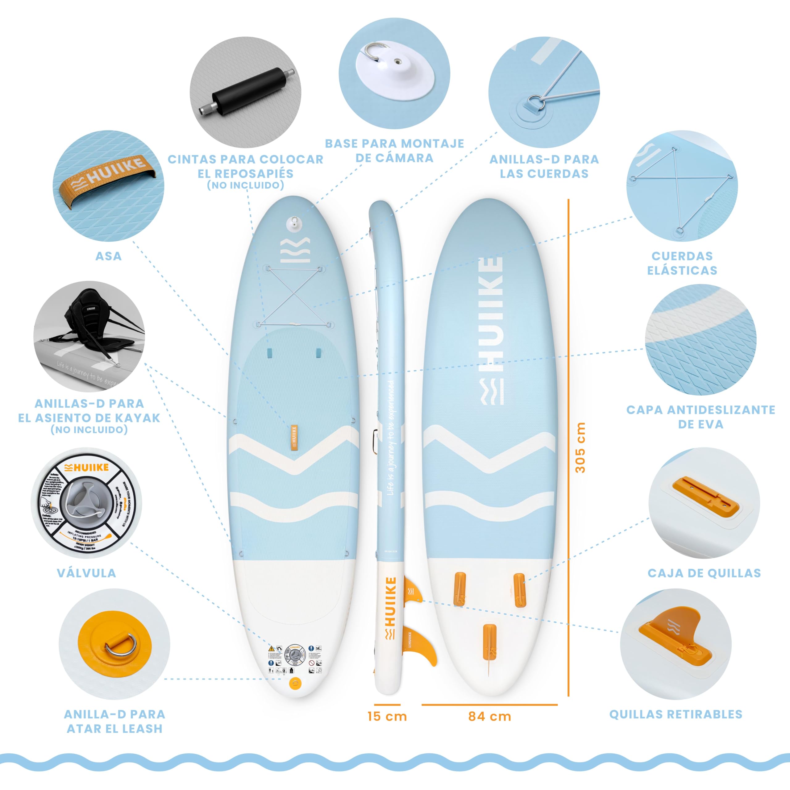 HUIIKE Tabla Paddle Surf Hinchable con Accesorios Incluidos, Remo, Quillas, Inflador. Stand Up Paddle Board Gran Estabilidad y Resistencia. 305 x 84 x 15 cm, Soporta hasta 130 kg — view 2