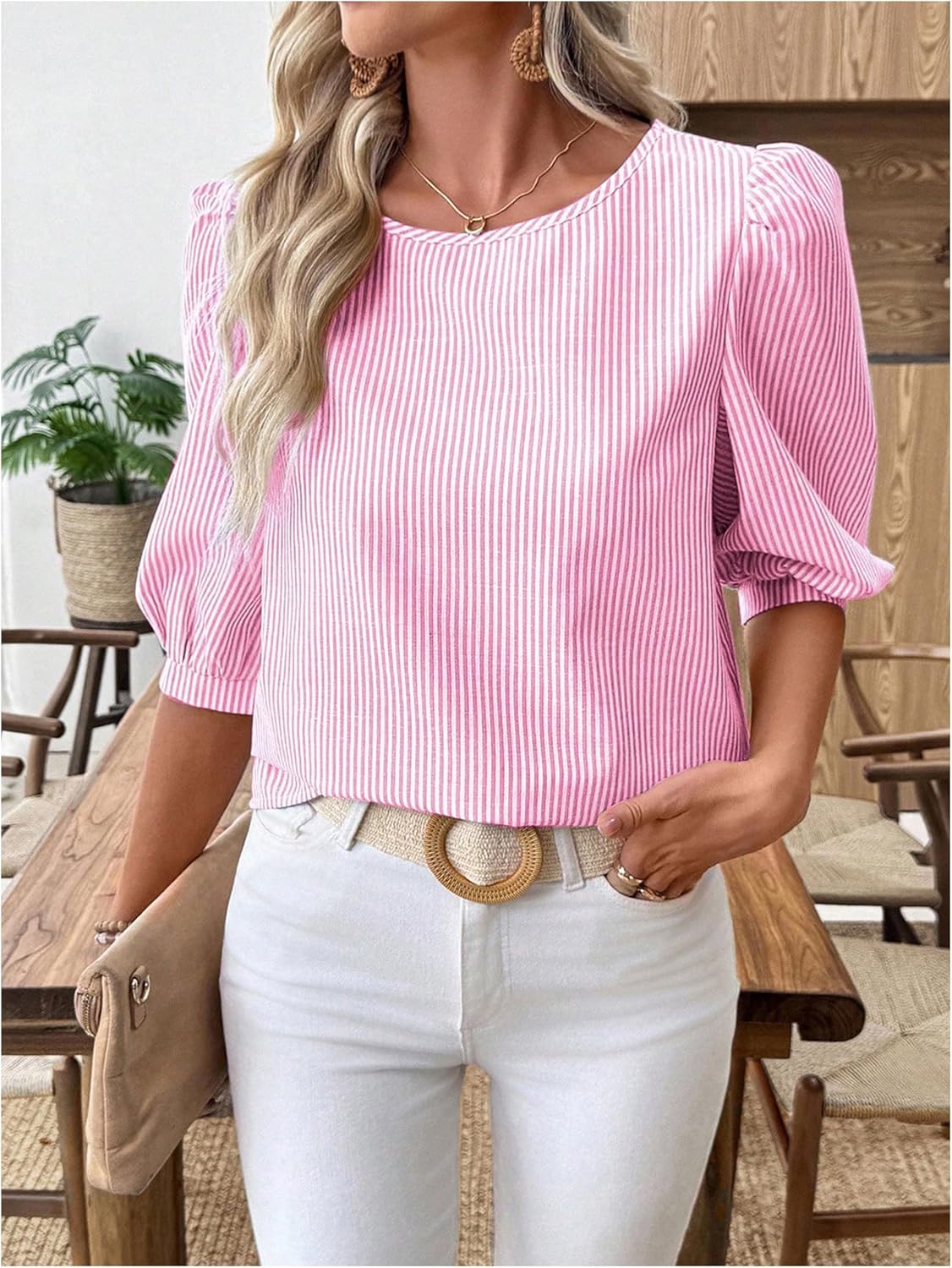 SHENHE Women's Summer Puff Sleeve Striped Blouse Dressy Casual Going Out Business Work Top - Image 5