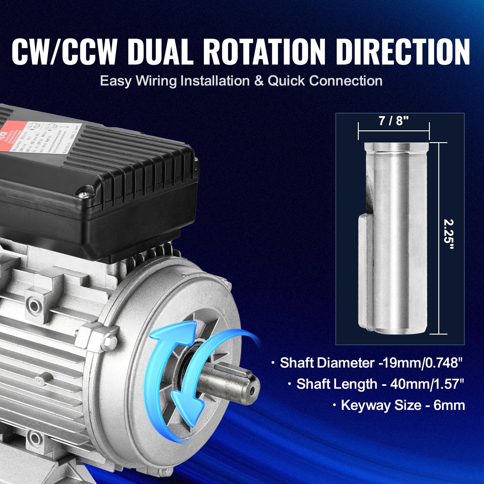 VEVOR Motor Eléctrico 0.75 kW 1400 RPM, CA 220~240 V 5,45 A, 80, Marco B3, Motor de Compresor de Aire Monofásico, Eje con Llave 19 mm, para Maquinaria Agrícola y Equipos Generales, 290 x 160 x 215 mm