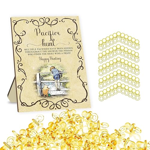 Winnie - Juego de juegos de baby shower, letrero clásico de caza de chupete Pooh para juego de baby shower, 50 piezas de mini chupetes amarillos