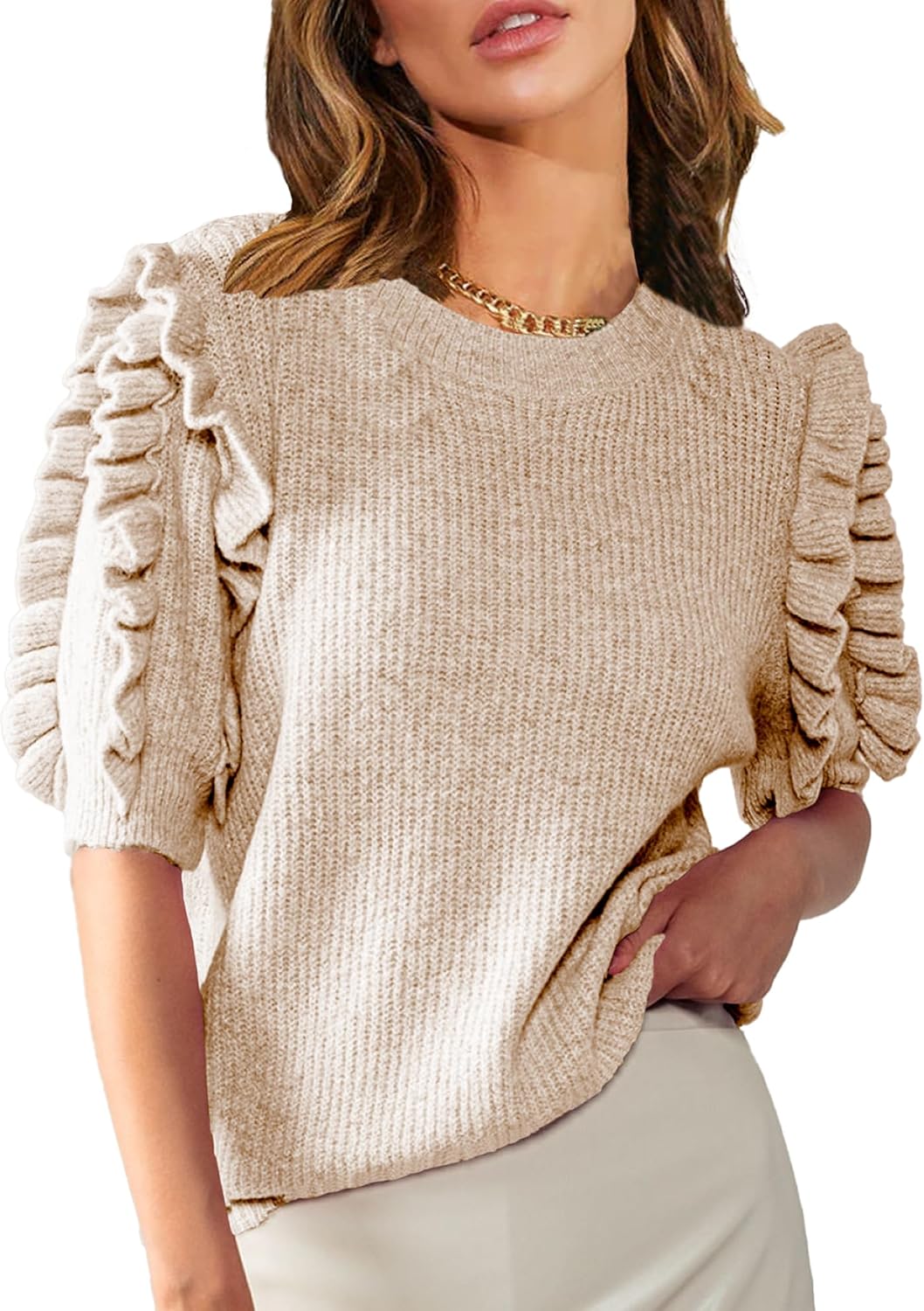 Women's Ruffle Sleeve Sweater Fall Trendy Crew Neck Ribbed Knit Ruffle Blouse Sweaters