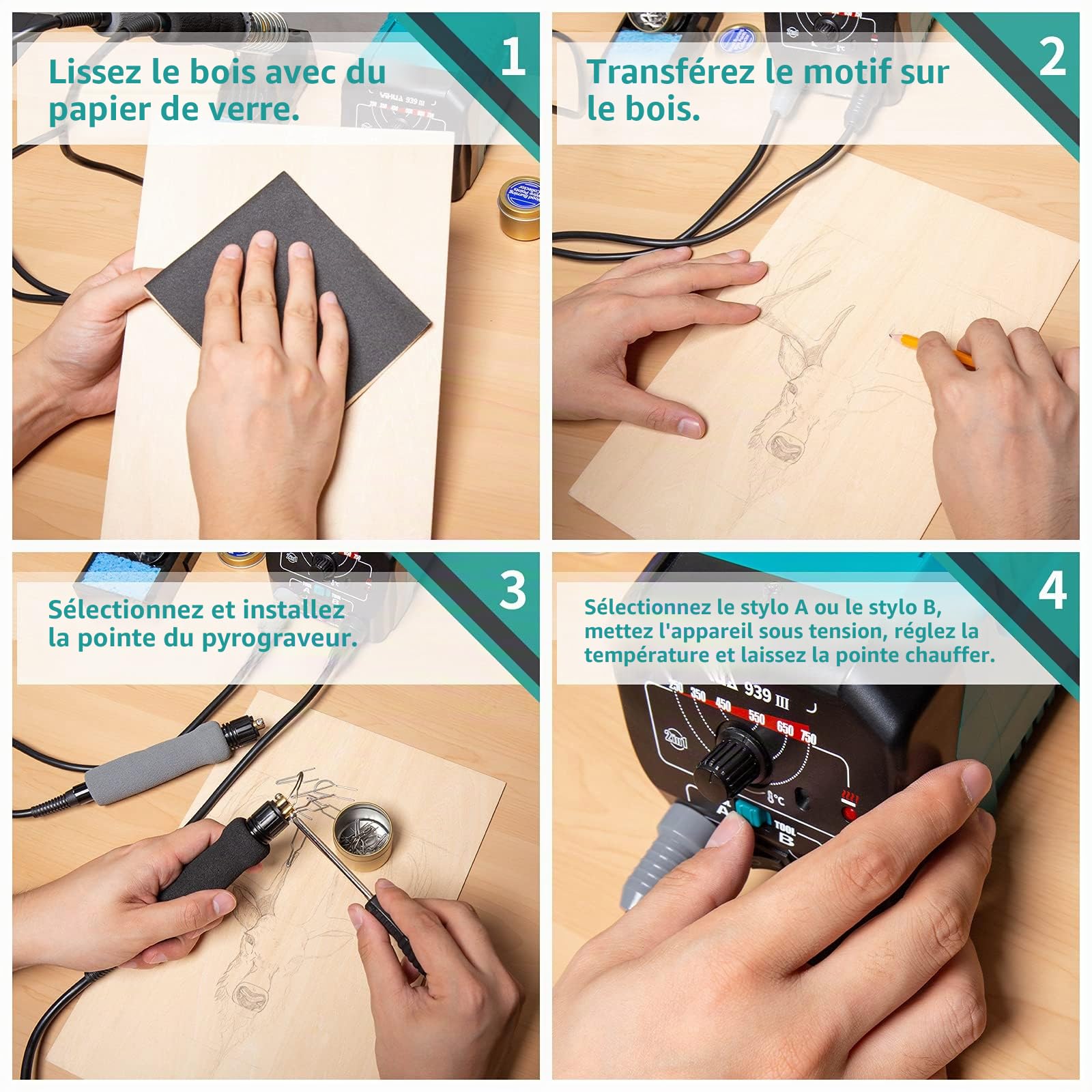 YIHUA 939-III Kit d'outils de pyrogravure Station de pyrogravure bois avec 2 stylos de pyrographique (type fil-pointe) avec 20 embouts de pyrogravure 2 bois de pyrographique (EU PLUG)