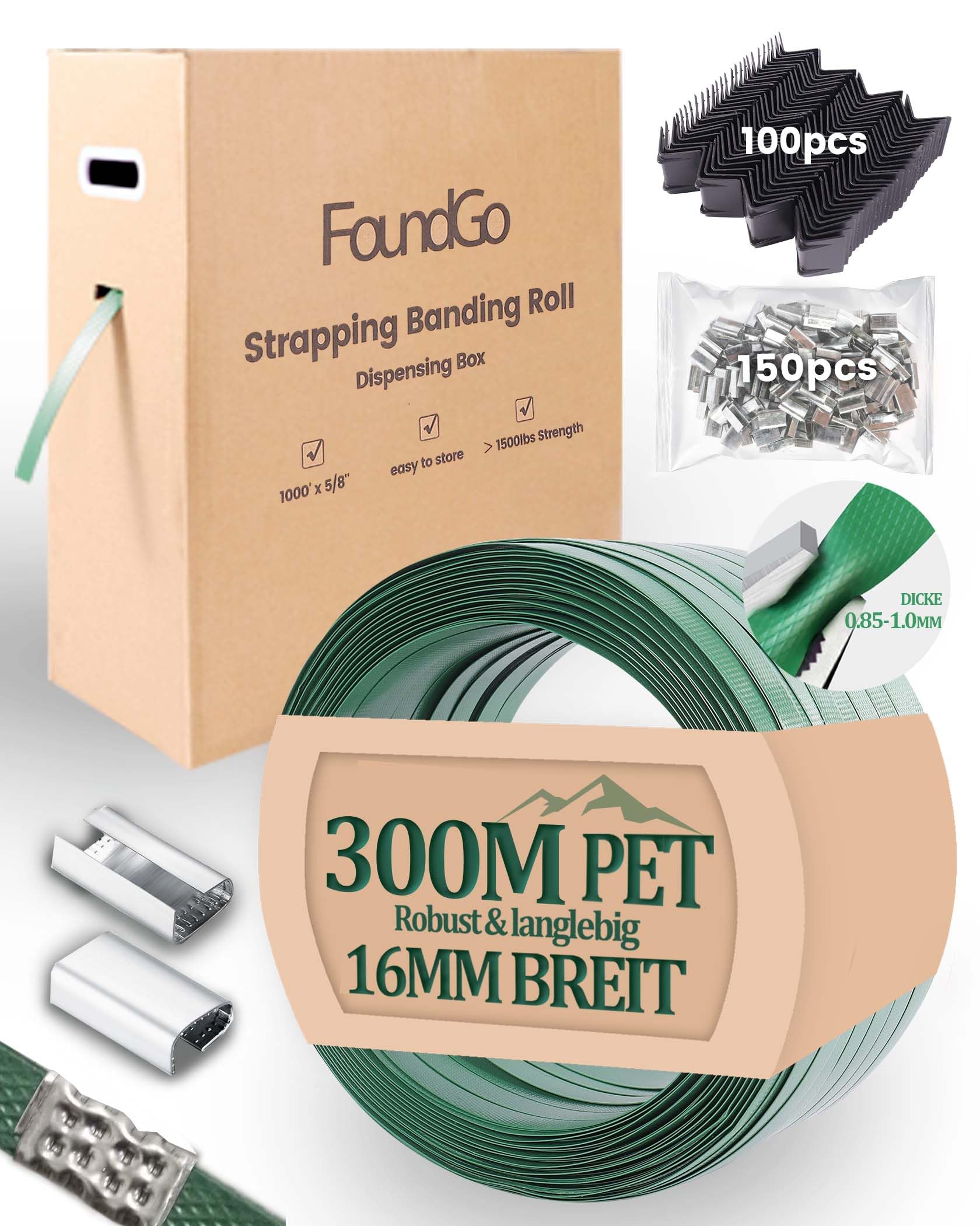 FoundGo Rouleau de cerclage vert en polyester (PET) de qualité industrielle, 1,6 cm de large x 304,4 m de long, résistance à la rupture, durable, imperméable et antirouille avec sa propre boîte