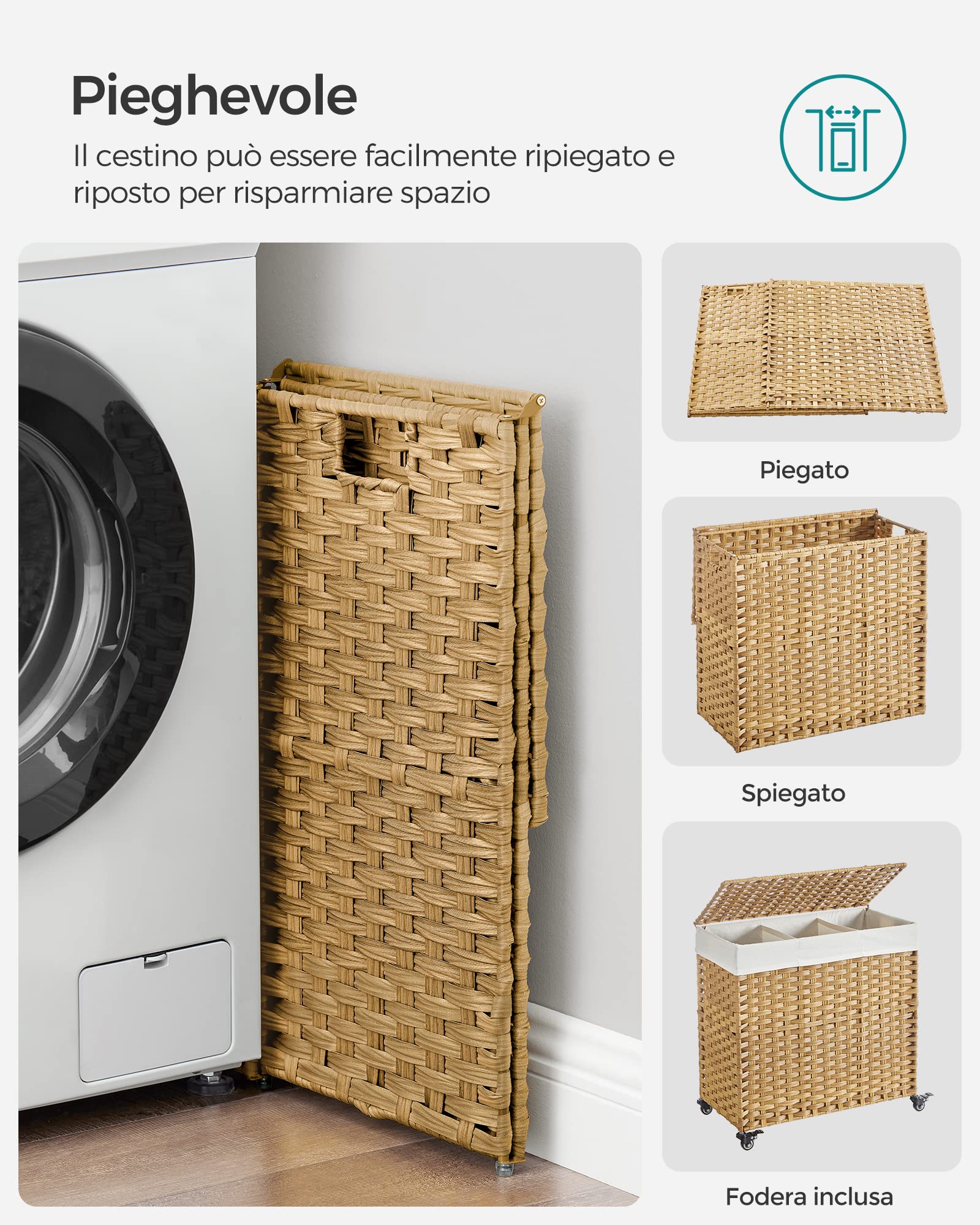 SONGMICS Cesto Portabiancheria con Coperchio, 140L, Cesta Biancheria in Rattan Sintetico con Ruote, 3 Scomparti, Sacco Rimovibile, Lavanderia Camera da Letto, 66 x 33 x 66 cm, Naturale LCB363N01
