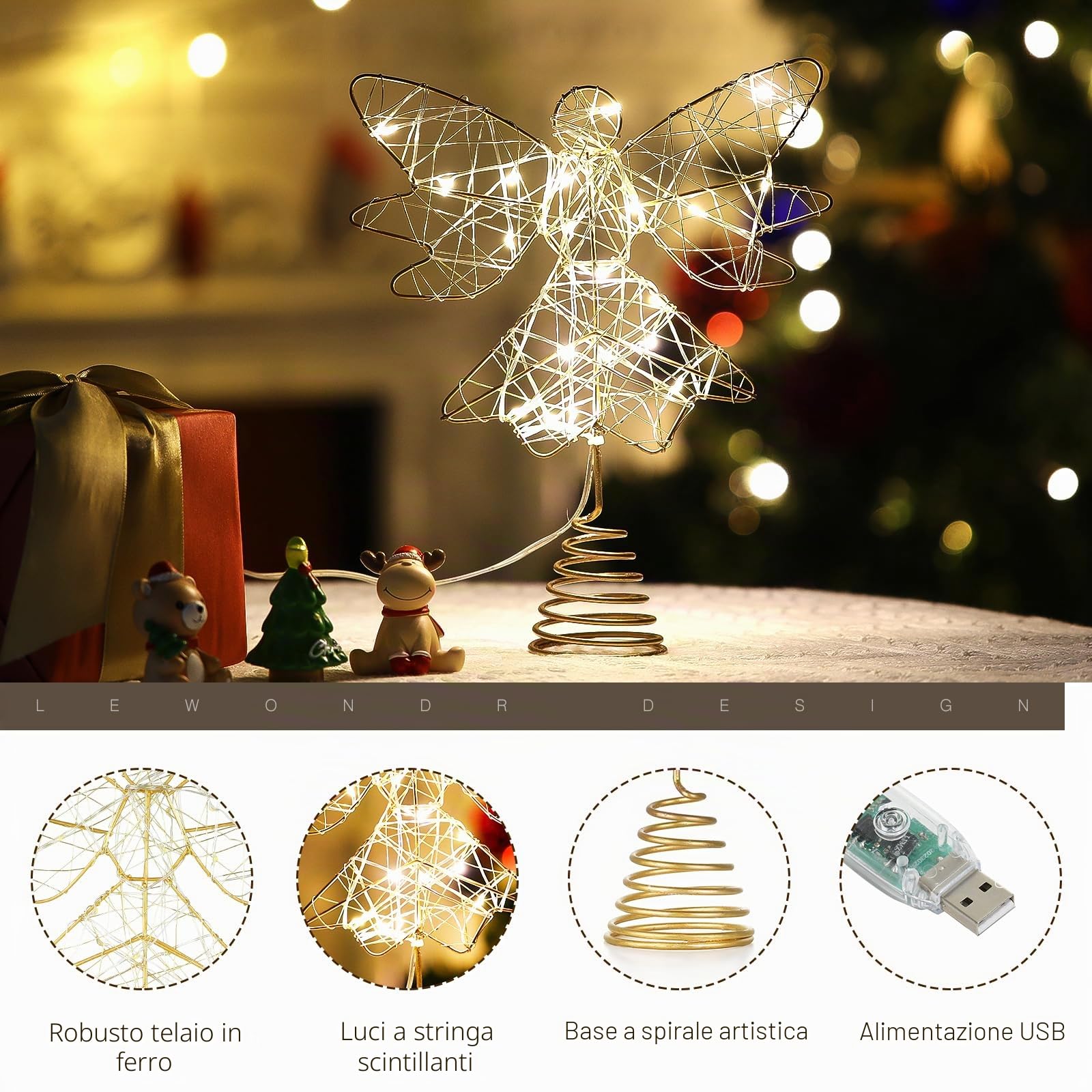 Lewondr Puntale per Albero di Natale a Forma di Angelo, 9,8" Topper con Base a Molla Telecomandato Alimentato da USB con 8 Modalità di Luce, Oro
