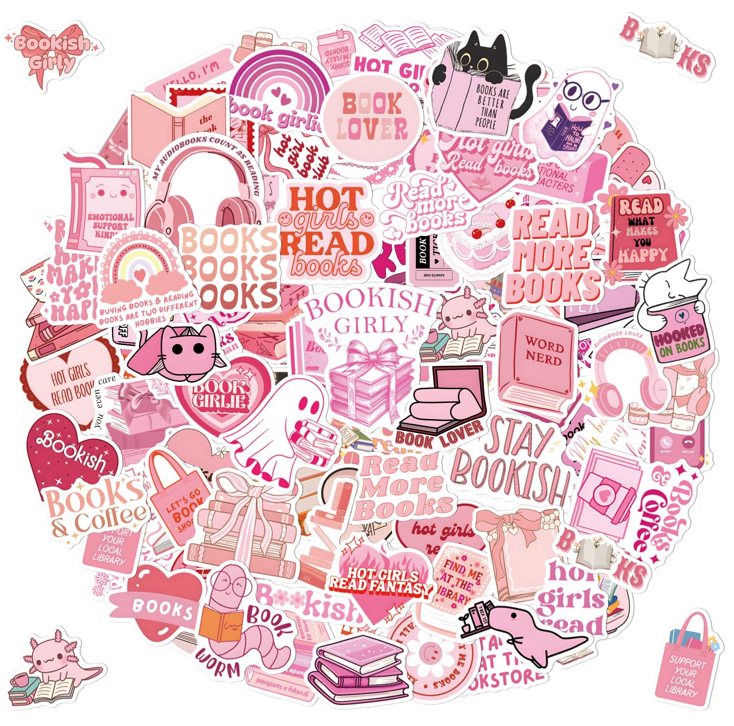 Tixlux 120 PCS Book Stickers for Kindle, Bookish Sticker, Funny Waterproof Vinyl Readers Decals for Book Lover Girls Adults Water Bottle Laptop Goodie Bag -Pink Bookish