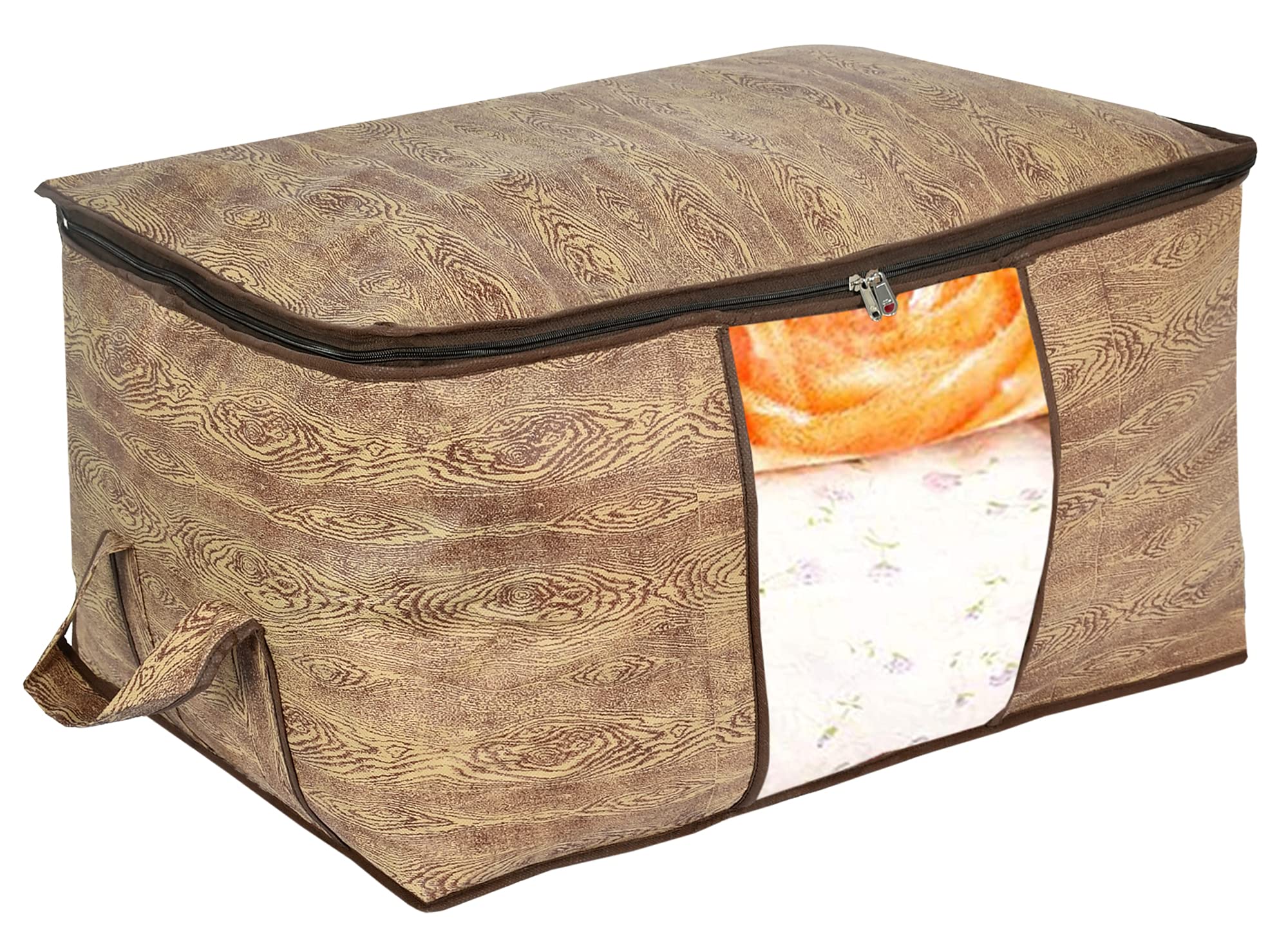 Kuber Industries Wooden Print Non Woven Underbed Storage Bag,Cloth Organiser,Blanket Cover with Transparent Window (Brown)
