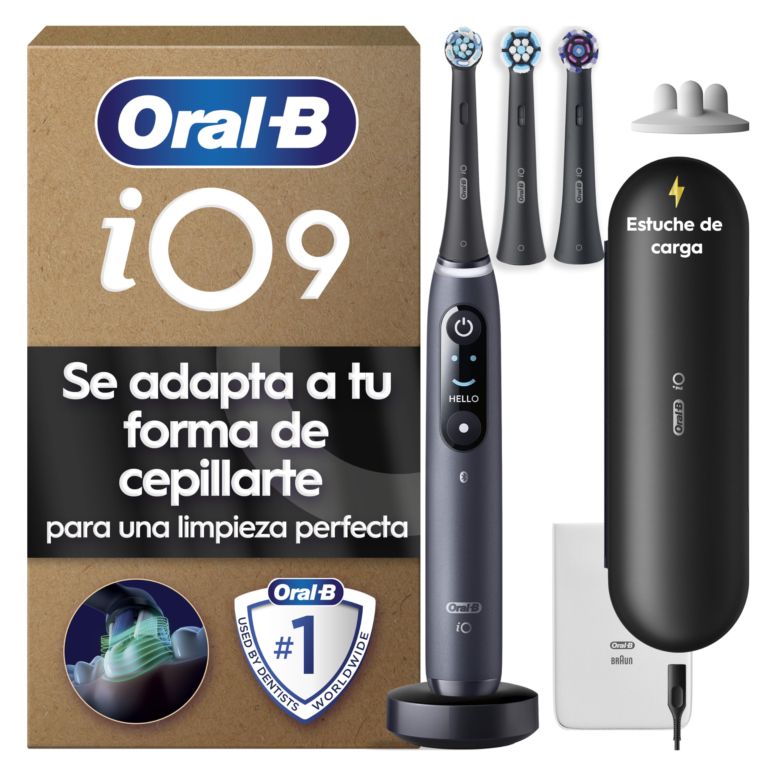 Oral-B iO 9 Cepillo de Dientes Eléctrico con 3 Cabezales, Negro - Cepillo Dental con Sensor De Presión, 7 Modos de Cepillado con Blanqueamiento Dental, Estuche Cargador de Viaje, Carga Rápida