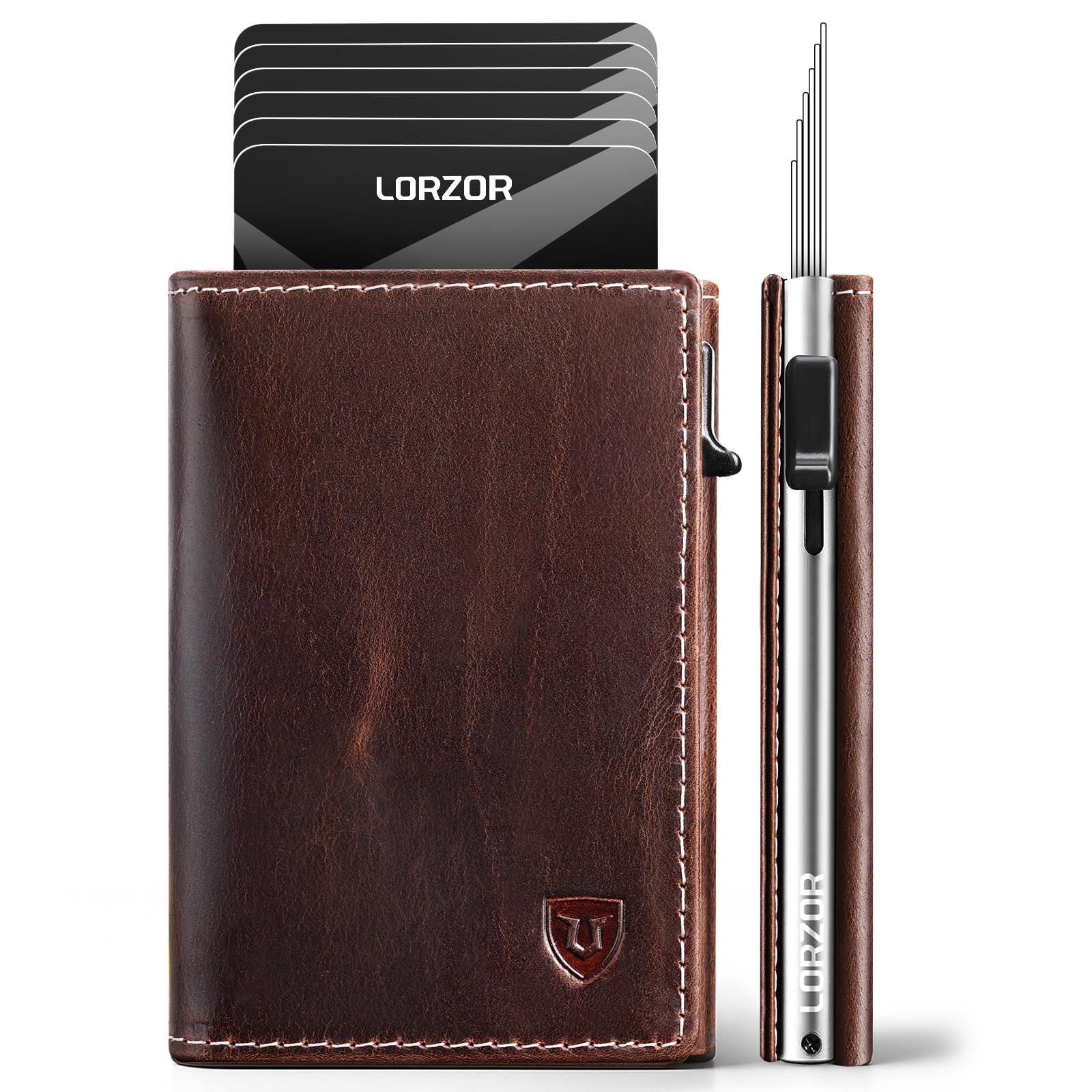 LORZOR Wallet for Men with Metal Card Holder, Pop Up Wallet, Finest Full Grain Leather Trifold Wallet, Smart, Minimalist, RFID Blocking, Front Pocket,