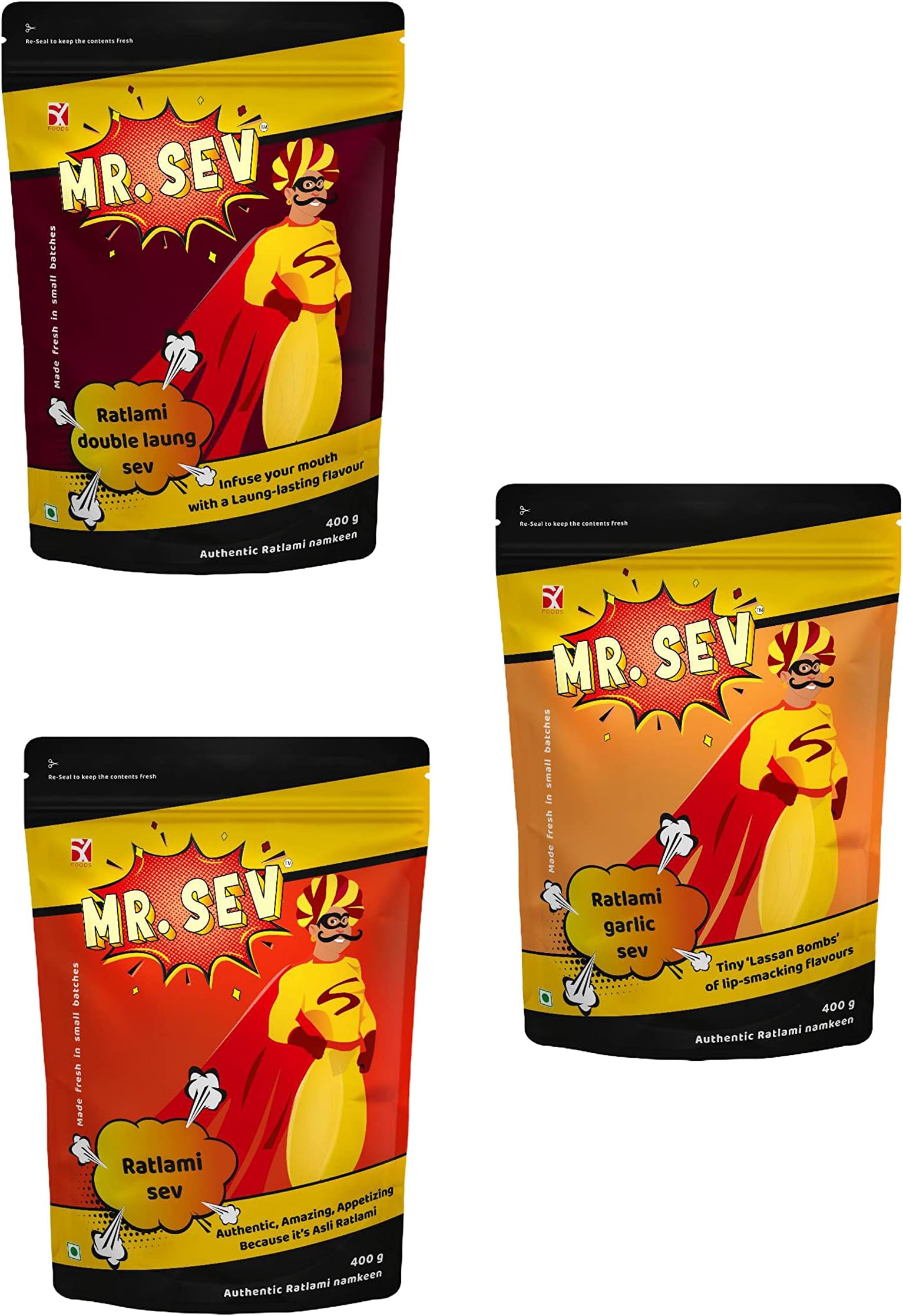 Mr. Sev's 400gm x 3 Pack Combo Of Laung sev, ratlami sev, garlic sev Handmade Namkeen Made In Ratlam Suitable For All Food Including Sev Sabji & Bhel, 1.2kg