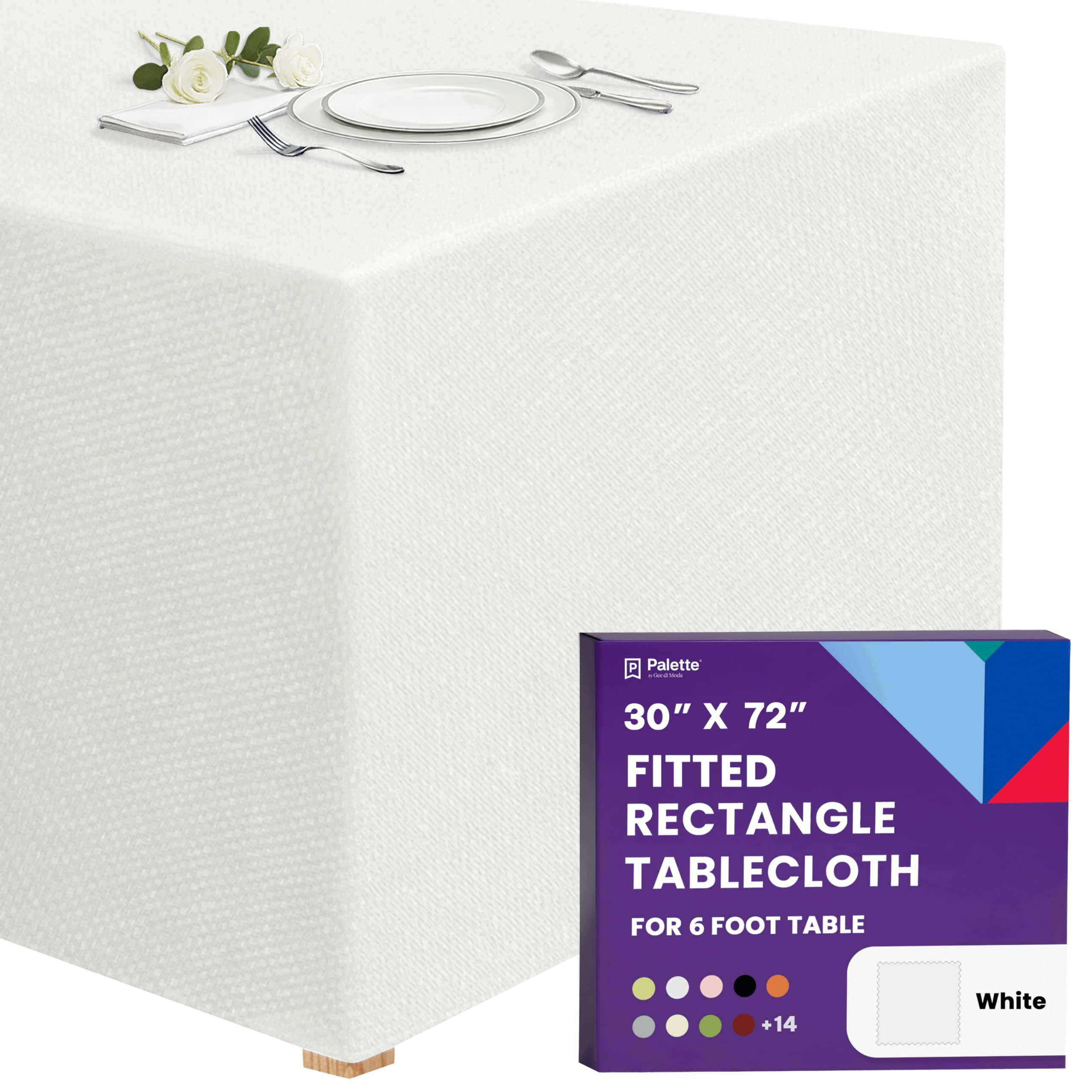 Gee Di Moda Fitted Tablecloth - 72 x 30 Inch White Floor-Length Fitted Table Cloth for 6 Foot Rectangle Table, Heavy Duty Washable Fabric for Parties, Dinner, Weddings, Baby Shower & Trade Show