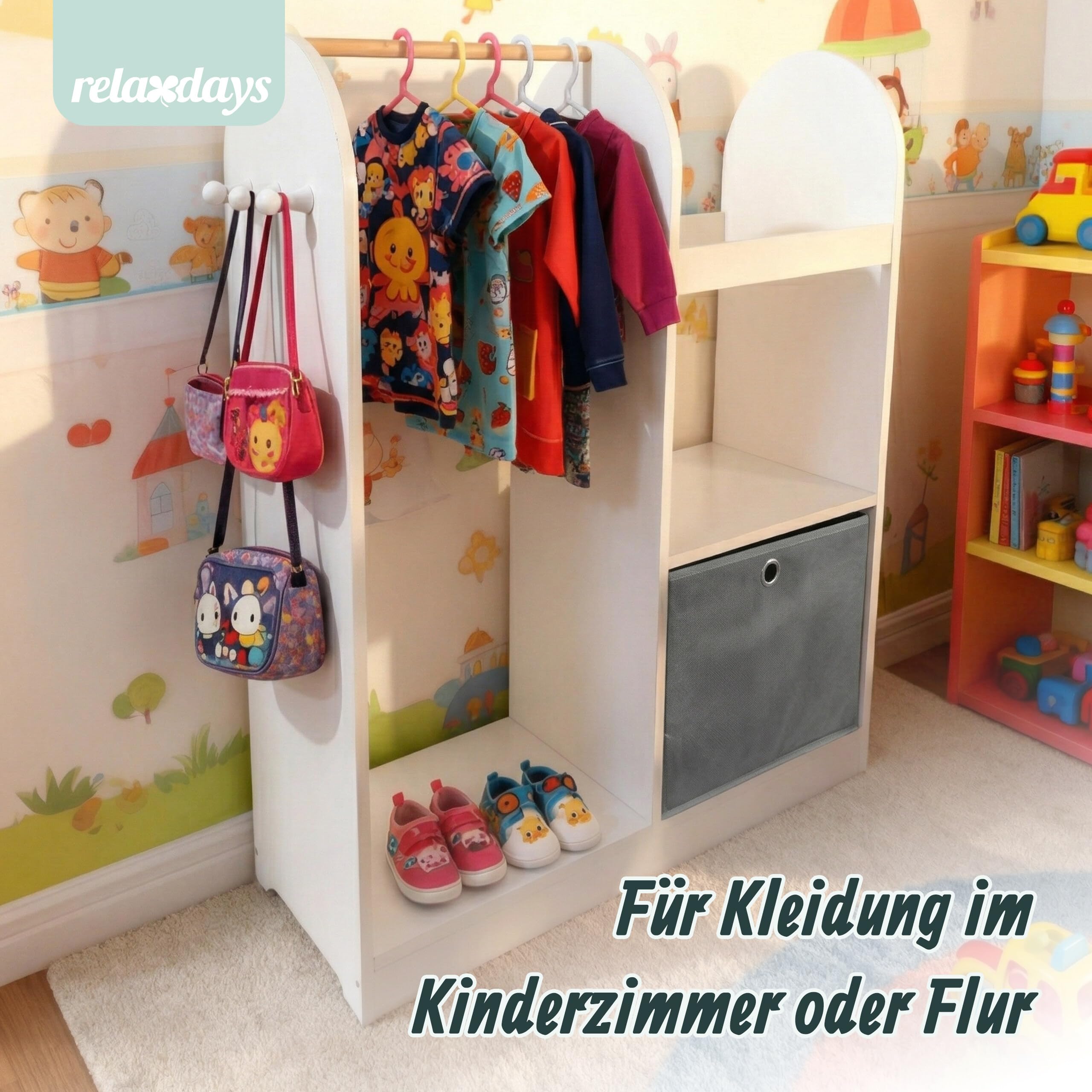 Relaxdays Kindergarderobe, 3 Haken, Kleiderstange & Aufbewahrungsbox, HxBxT: 108 x 97 x 35 cm, Kinderzimmer, weiß