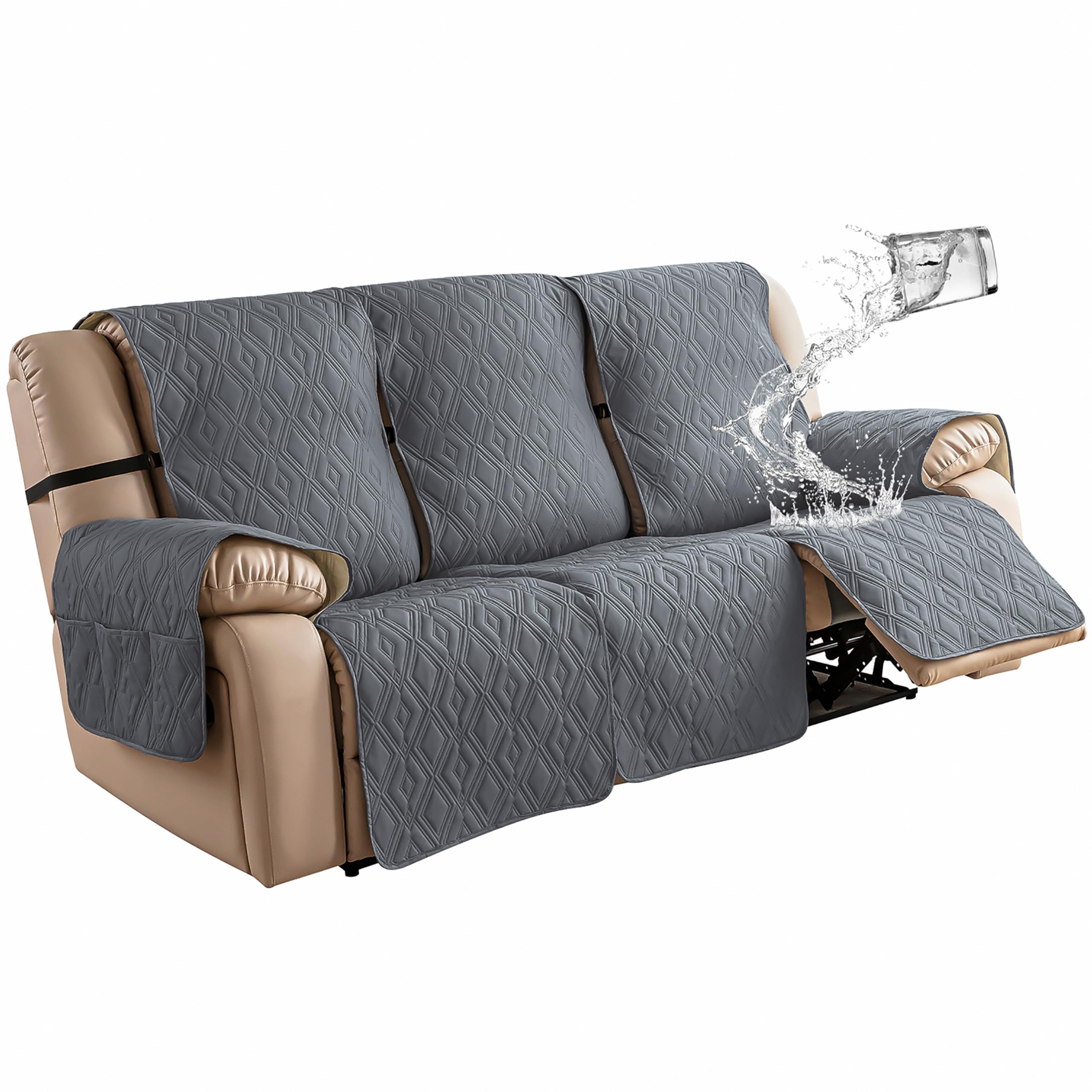 Genina Waterproof Couch Cover for Reclining Couch 3 Seat Recliner Sofa Covers, Non-Slip Recliner Couch Cover Furniture Protector with Elastic Straps for Pets, Dogs (Dark Gray, Recliner Sofa)
