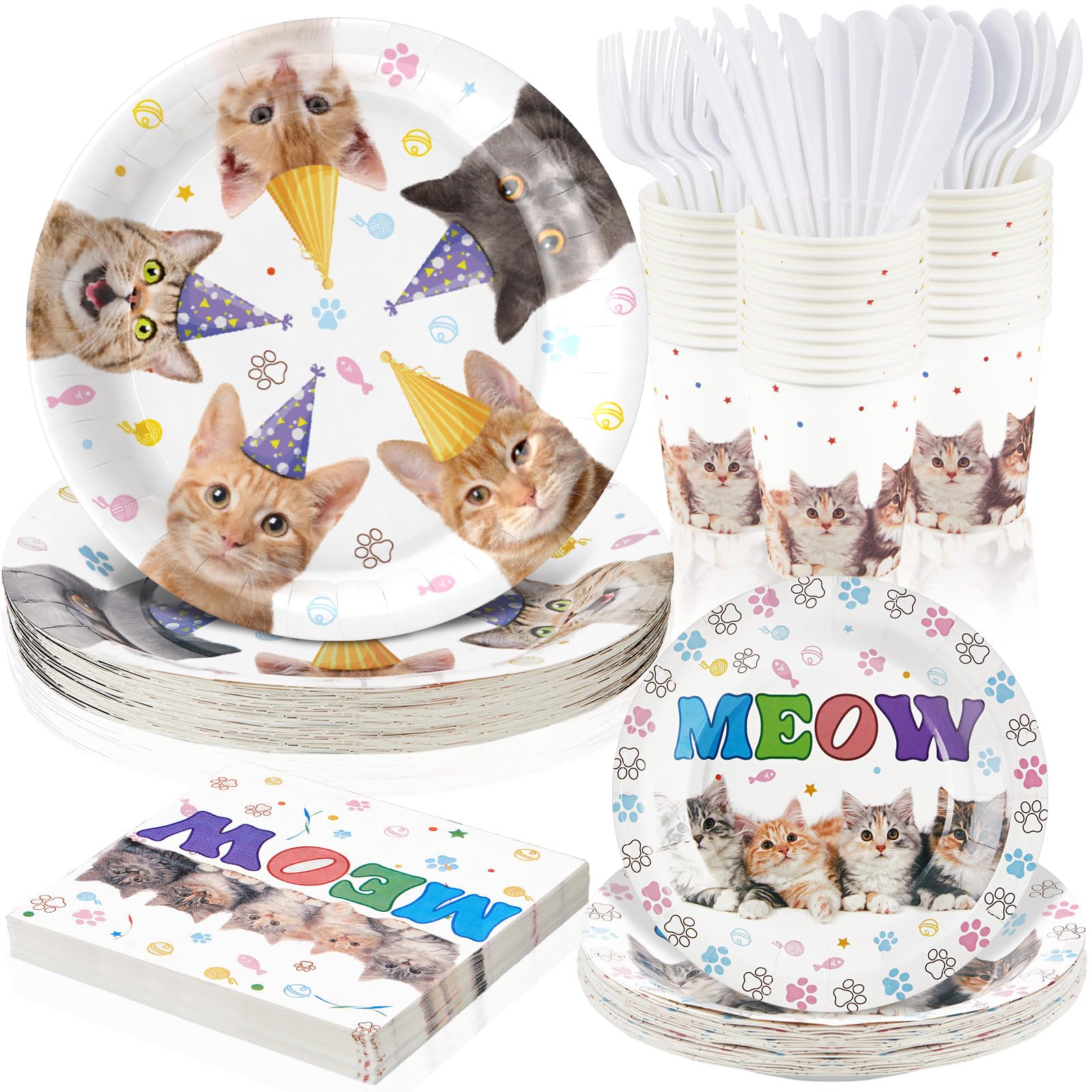 Marsui 168 Pcs Cat Birthday Party Tableware Set Include Kitten