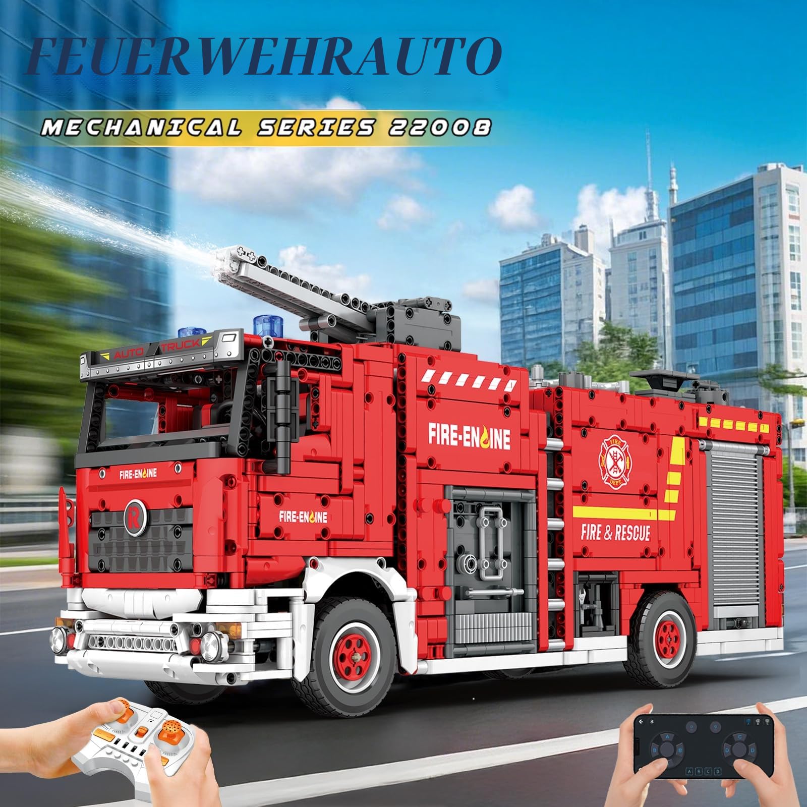 Reobrix Feuerwehrauto Bauset für Erwachsene und Männer, Big Rescure Feuerwehrfahrzeug mit Wassersprühgerät, APP und Fernbedienung Bricks 22008 - Ideale Geschenke