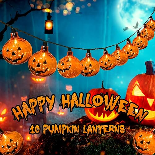 Miniatura 8 de Guirnalda de luces de calabaza de Halloween, luces de calabaza de 8.5 pies con 10 luces de linterna de calabaza, para Halloween, interiores y