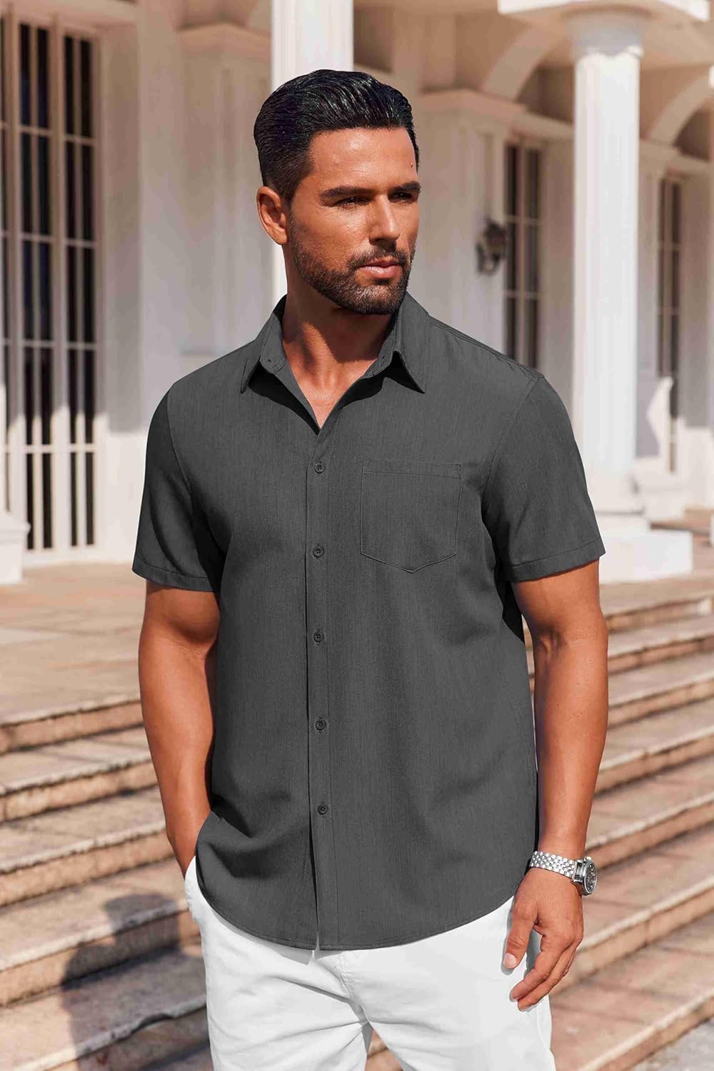 COOFANDY Mens Button Down Short Sleeve Shirt Casual Summer Stretch Denim Dress Shirts with Pocket - Image 3