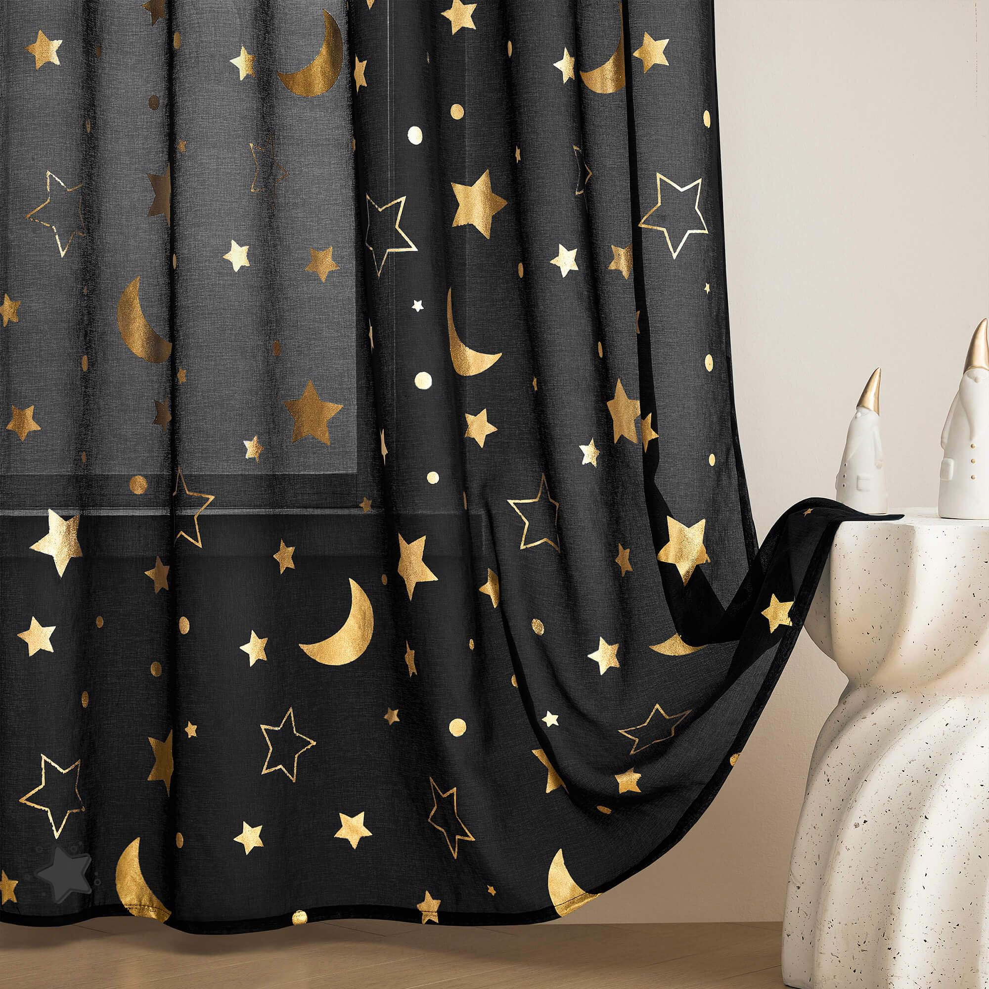 WUBODTI Halloween Black Sheer Curtains with Star for Living Room 84 Inches Long,Gold Moon and Star Patterned Faux Linen Semi Sheer Curtains Light Filtering Drapes for Bedroom 2 Panels, Black — image 1