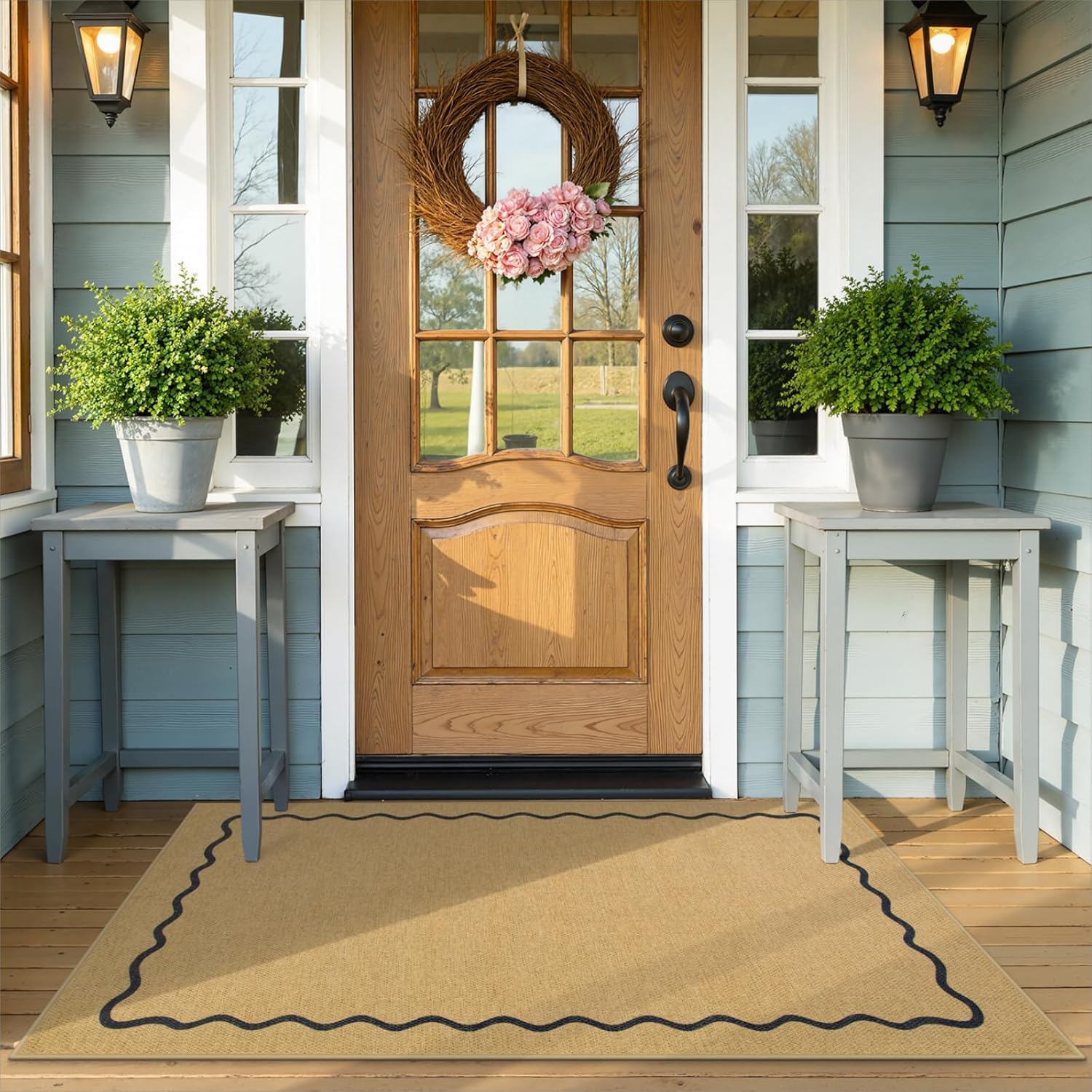 Outdoor Mats for Front Door, Easy Jute 3x5 Porch Rug Scalloped Washable Non Slip Entryway Rug, Stain Resistant Low-Pile Farmhouse Accent Carpet for Kitchen Patio Indoor Home Decor