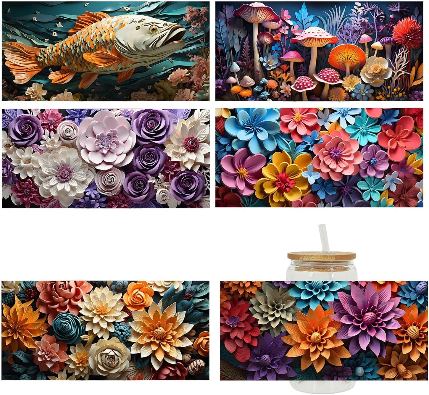 Cup Wrap Stickers For Glass Cups,6 Sheet high definition Cartoon Flower Fish Cup Wraps For Water Glasses 16OZ UV DTF Transfer Sticker Decals Rub On Transfers For Crafts Decor