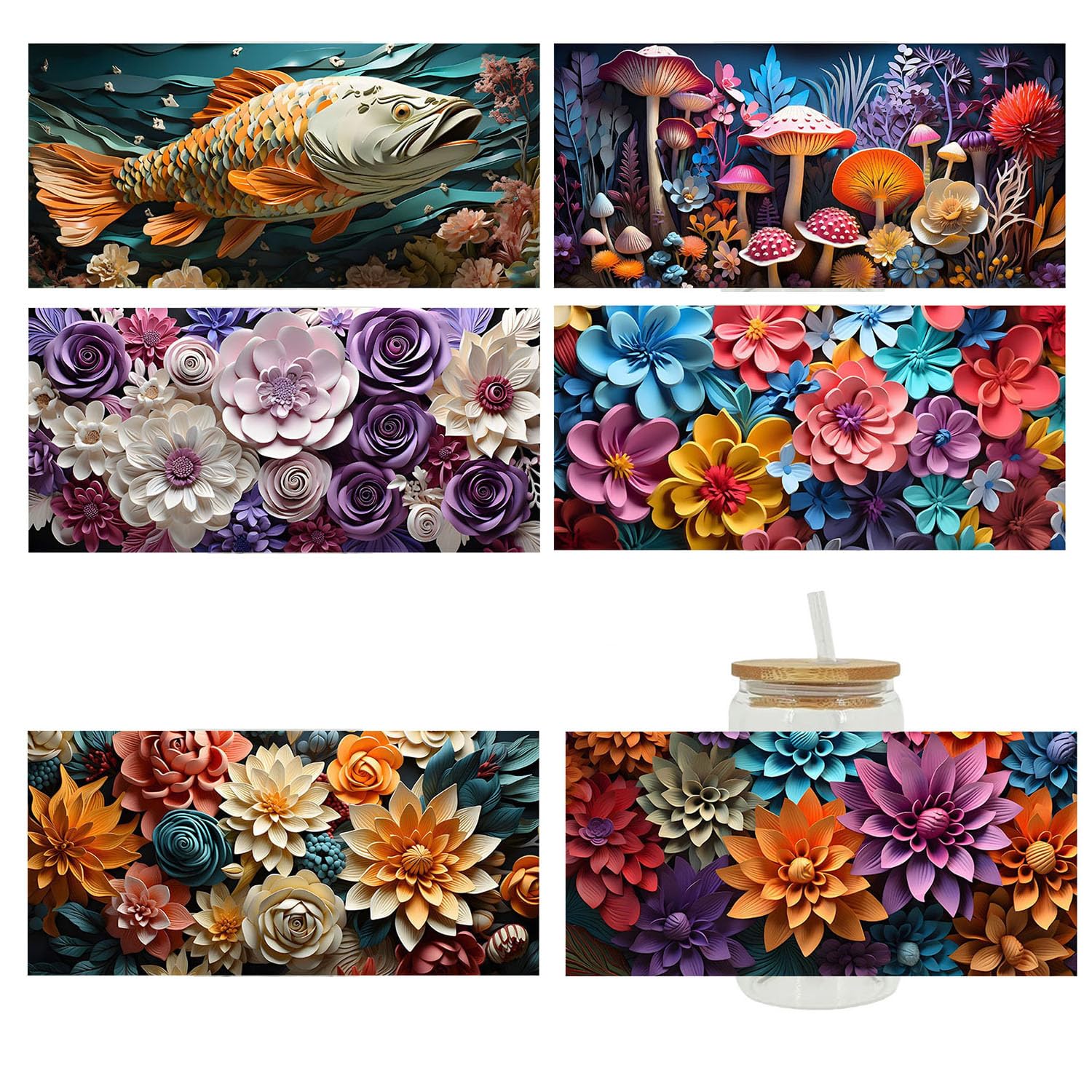 Cup Wrap Stickers For Glass Cups,6 Sheet high definition Cartoon Flower Fish Cup Wraps For Water Glasses 16OZ UV DTF Transfer Sticker Decals Rub On Transfers For Crafts Decor