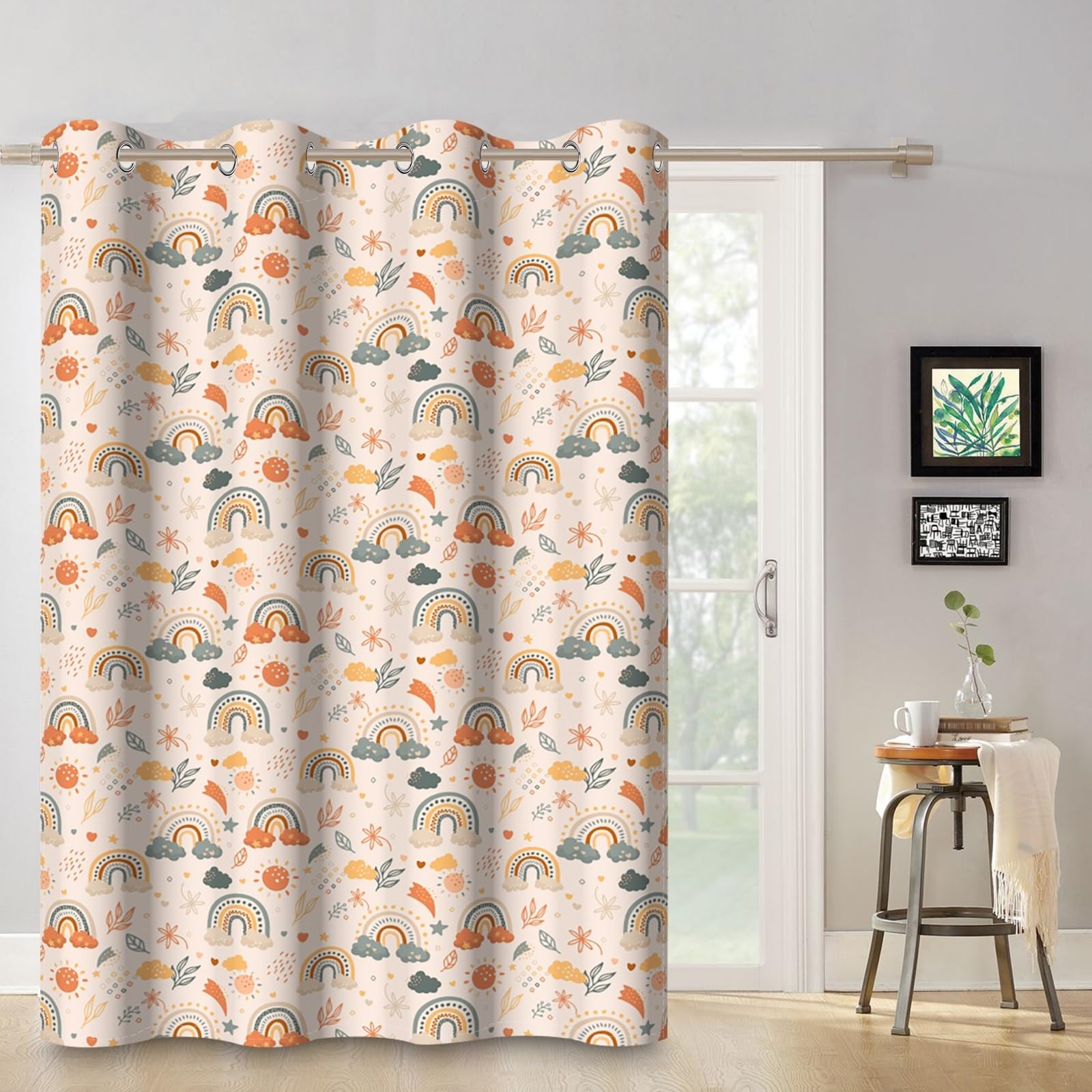 135x245cm Rideau occultant Arc-en-Ciel pour Chambre d'enfant bohème Ciel Rose Fleur Feuille Œillet Séparateur de pièce Rideaux pour fenêtres Bébés Filles Salle de Jeux Salon,1 Panneau Simple
