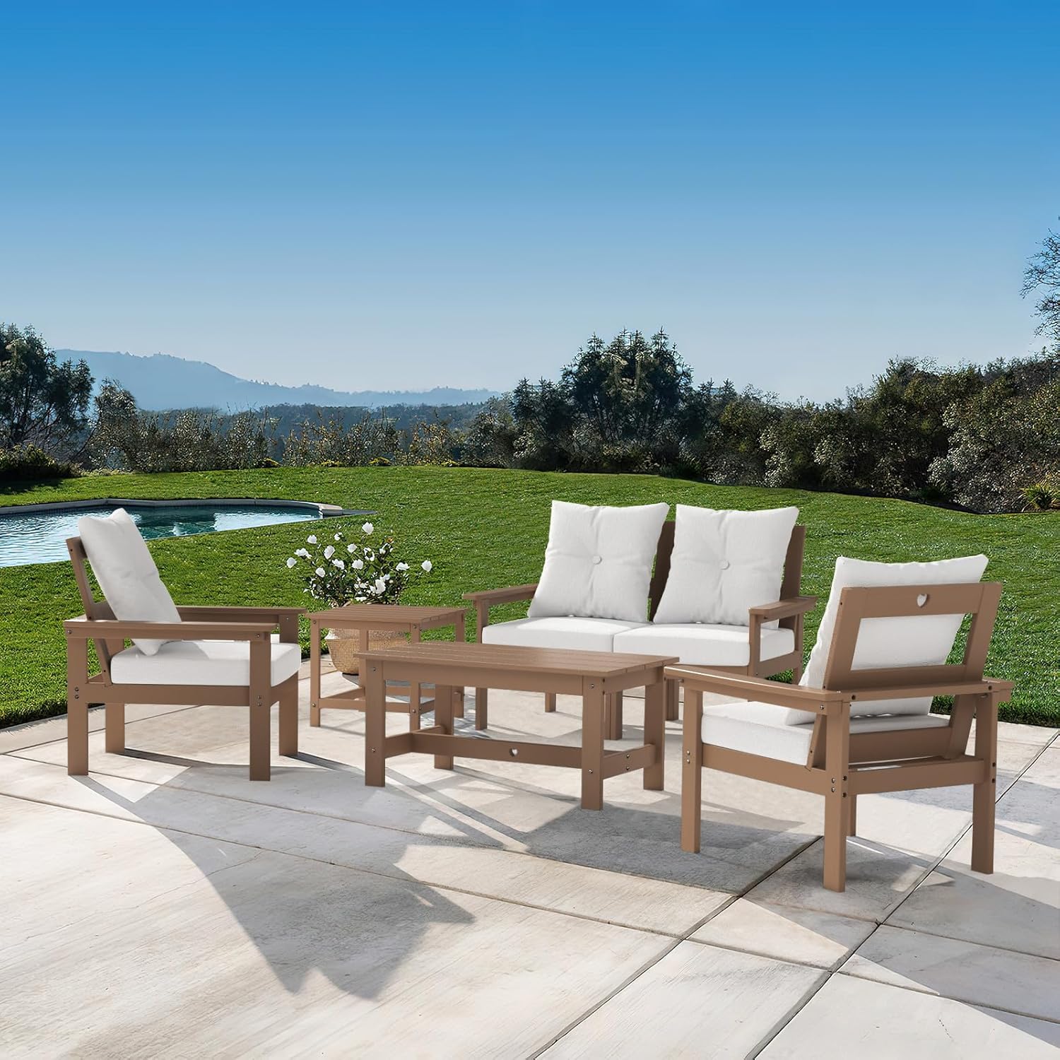 6-Piece Patio Conversation Set with Love Heart Hollow Design, Outdoor Patio Furniture Set with Cushions, All Weather Outdoor Furniture Set for Porch, Garden, Backyard (Teak