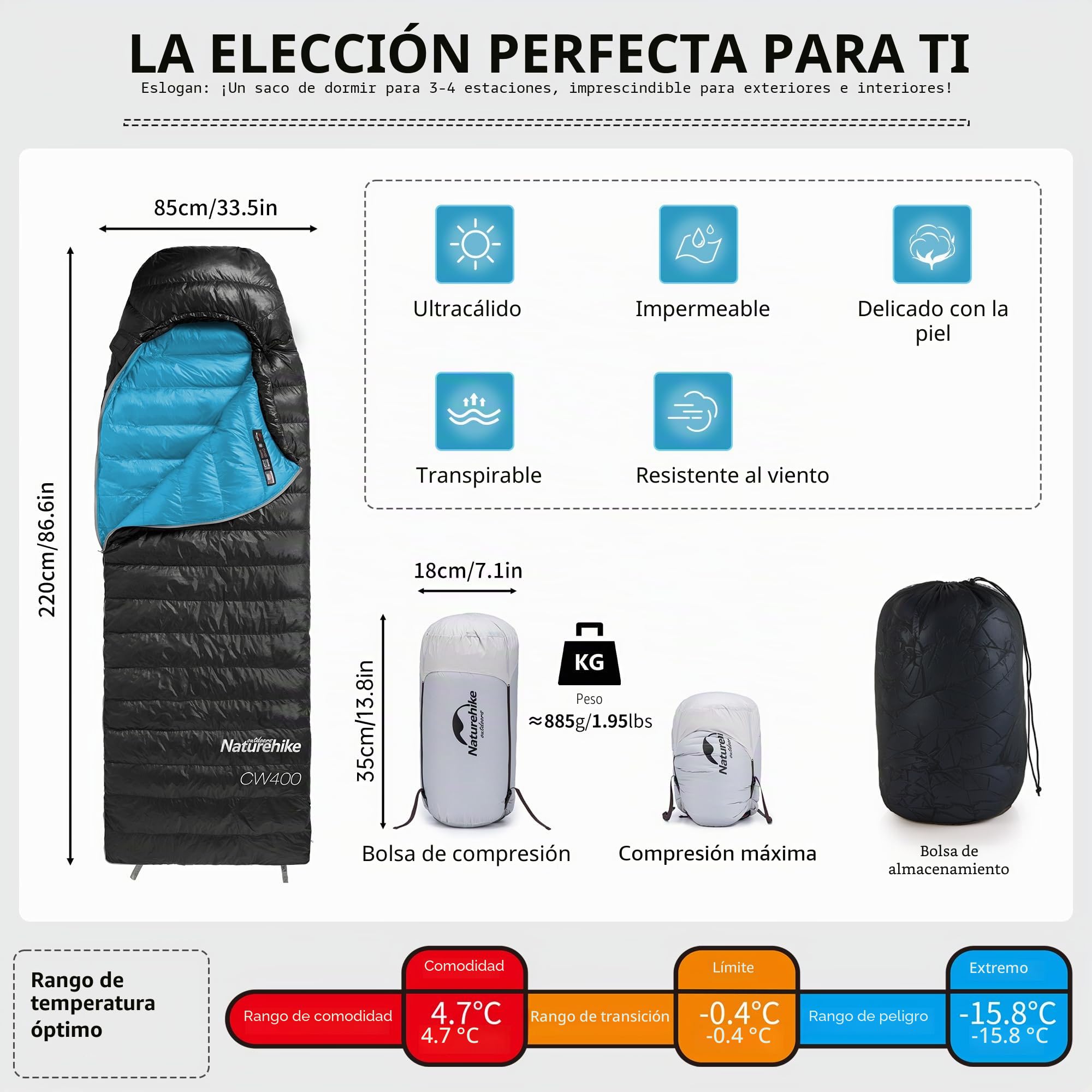 Naturehike Saco de Dormir Ultraligero de Plumón Saco de Dormir para Acampar para Adultos Potencia de Relleno de 650 FP -11 ℃ -6 ℃ con Saco de compresión Impermeable Adecuado para Senderismo/Camping