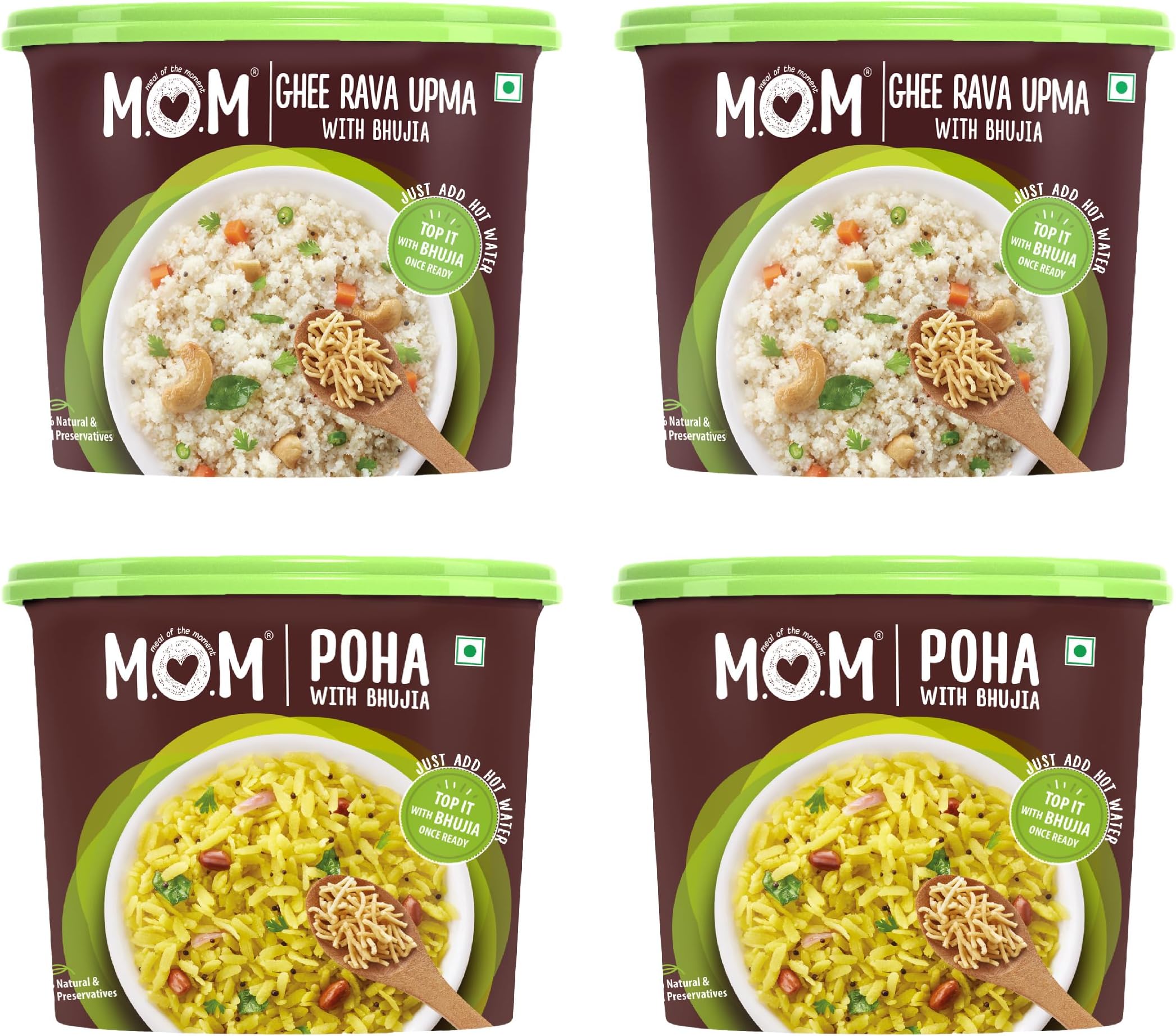 MOM - Meal of the Moment, Breakfast Combo Pack of Poha with Bhujia and Ghee Rava Upma with Bhujia (2 Units Each) - Ready to Eat | Instant Food | No Added Preservatives