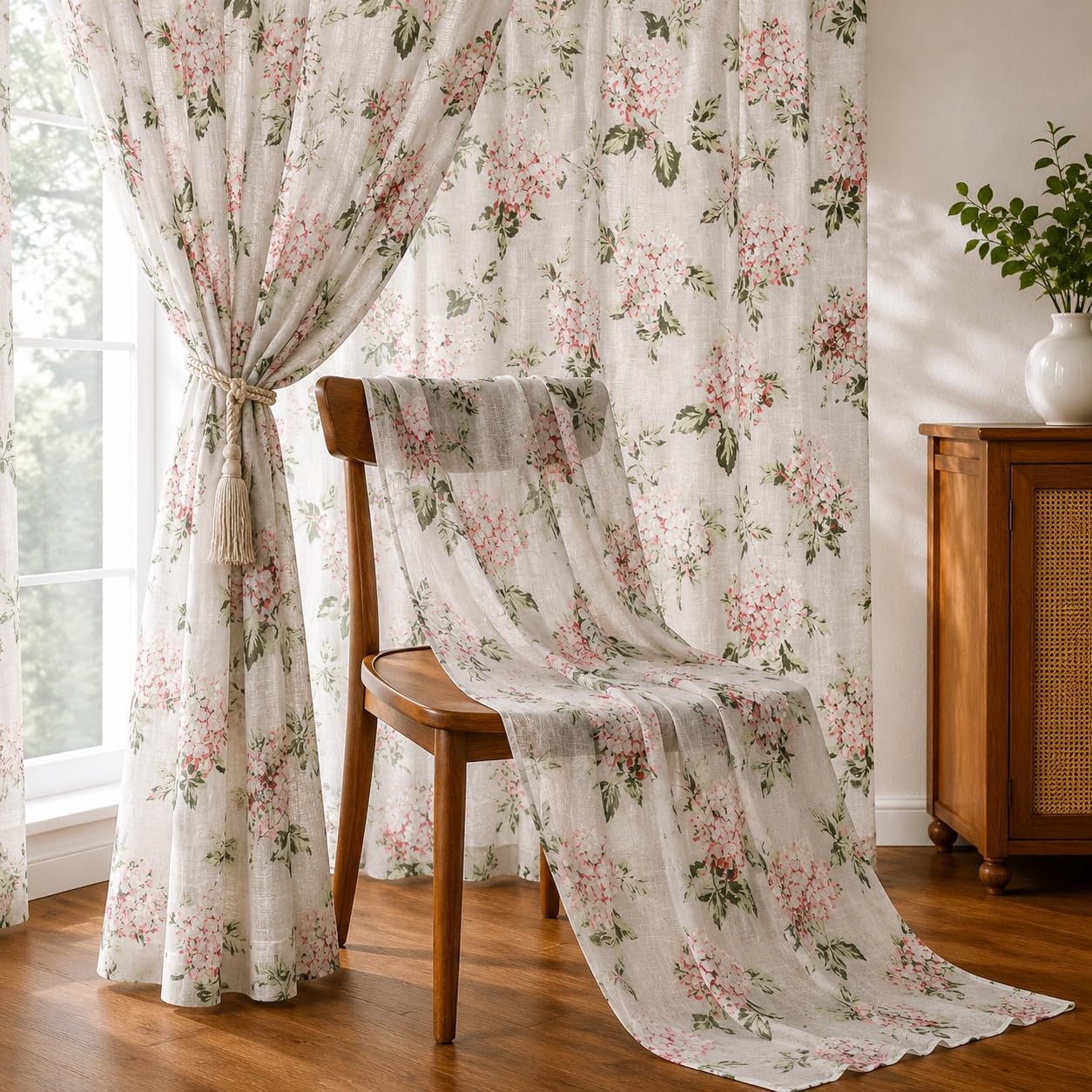 THE LINEN COMPANY Cotton Linen Sheer Long Door Drapes, Lightweight Transparent Curtain with Rod Pocket, Soft Light Filter Privacy Panel for Home Decor, Flower Heaven Green, 8 Feet, Pack of 1