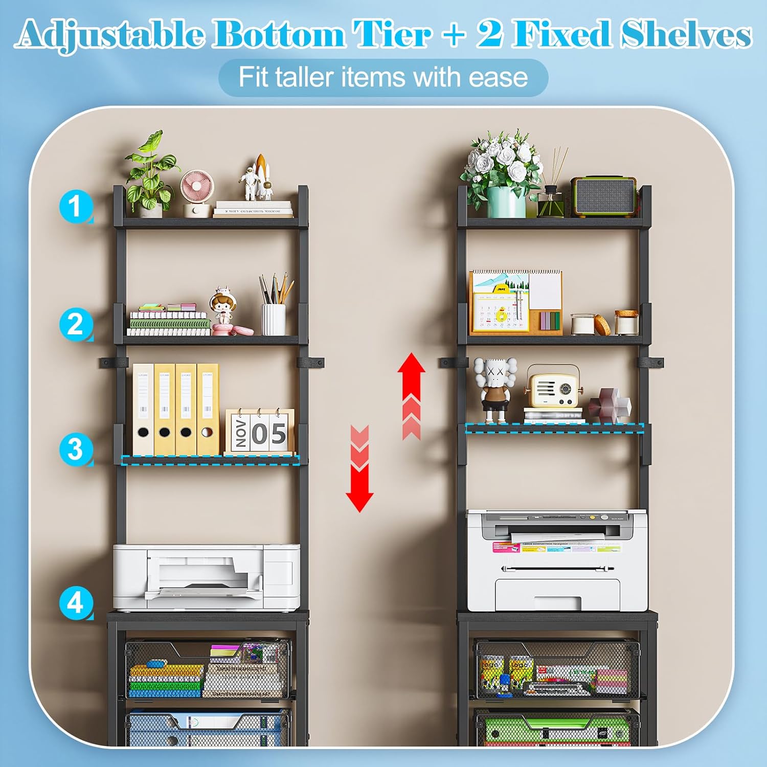 3-Drawer File Cabinet with 3 Shelves, 61" Tall Vertical Filing Cabinet for Home Office, Metal Mesh Drawers with Small Printer Stand, Fit for Letter Files, Black