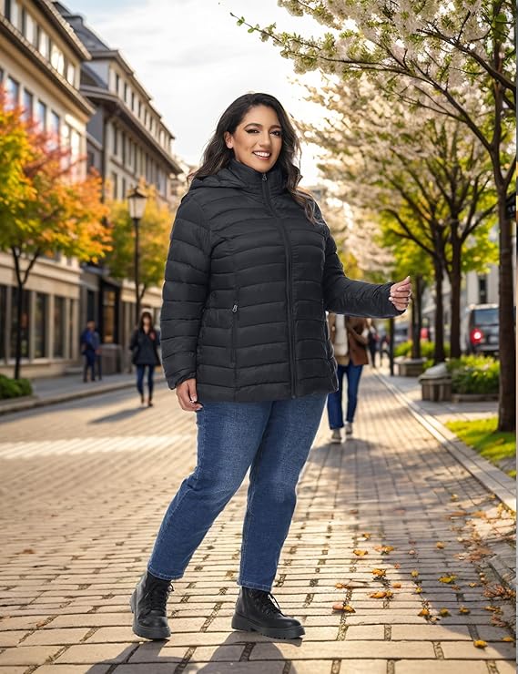 ROYAL MATRIX Women's Plus Size Puffer Jacket with Hood, Packable Lightweight Quilted Travel Outwear Puffer Coat with Pockets