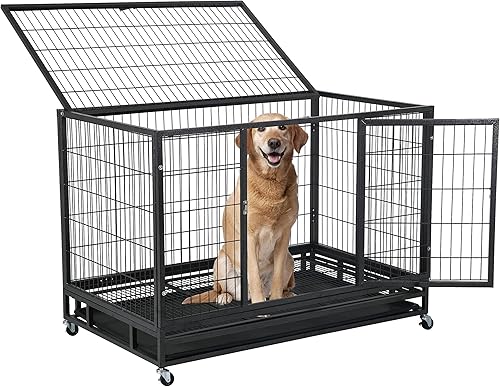 Jaula de perro resistente de 48 pulgadas para perros medianos y grandes, tamaño completo, puerta abierta y cerraduras a prueba de escapes, jaula de