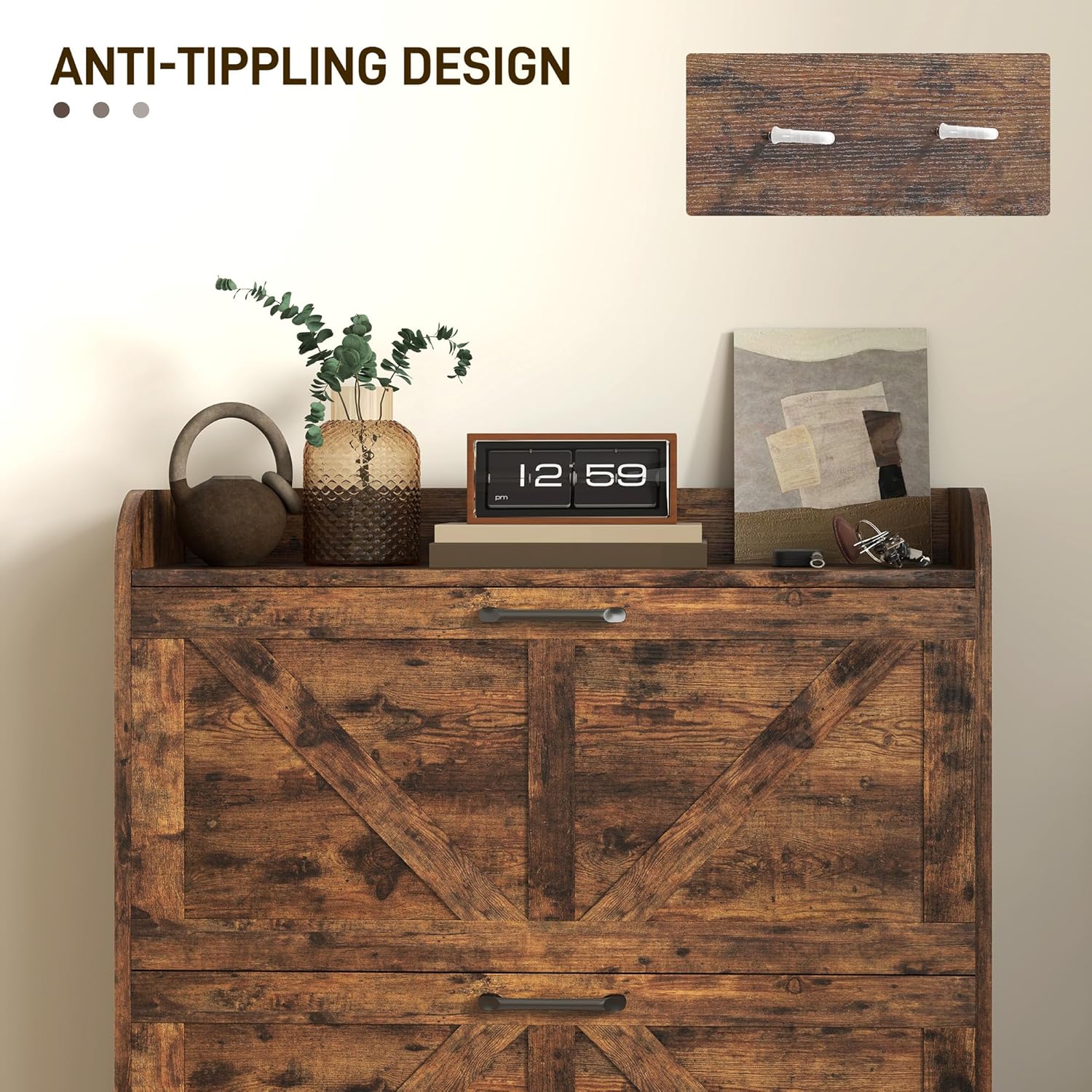 Anti-tipping hardware for securing the cabinet to a wall