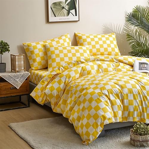 Miniatura 7 de Cottonight Juego de edredón amarillo tamaño Queen, juego de ropa de cama a cuadros con patrón de cuadros amarillo brillante y blanco, edredón suave