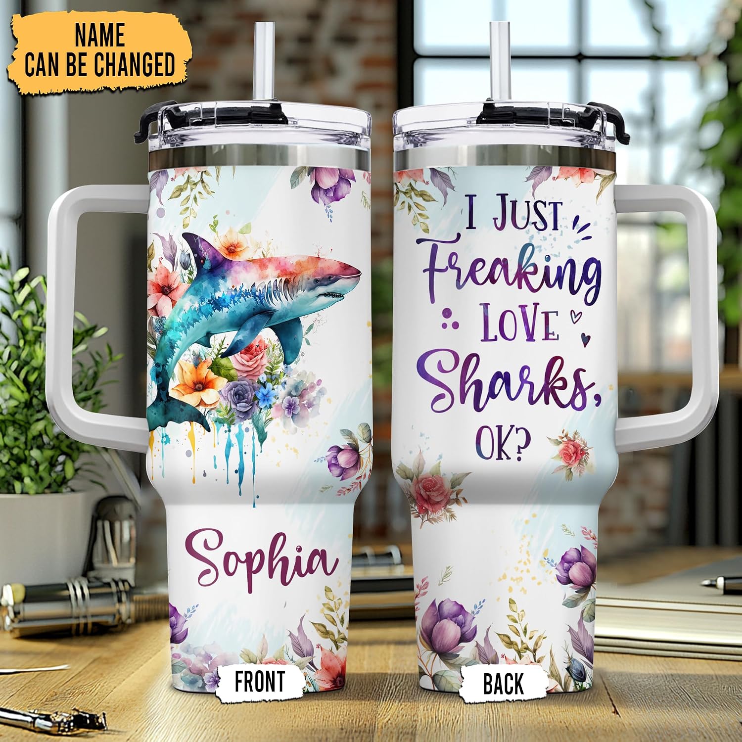 Hyturtle Personalized Shark 40oz Tumbler with Handle and Straw Gifts for Sharks Lovers, Shark Gifts For Women, Birthday Christmas Gift Ideas Custom Name Insulated Stainless Steel Travel Cup With Lid