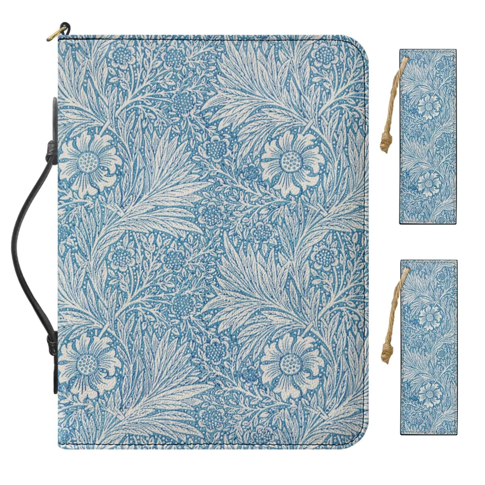 Urndoeng Large Bible Cover William Morris Print PU Carrying Book Case Church Bag Bible Protective with Handle Bookmark Gift for Men, Women, Father, Mother, Friends (Blue)