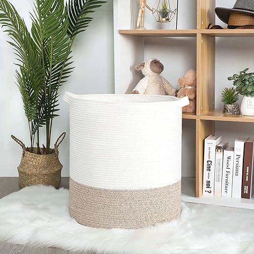 Miniatura 4 de MINTWOOD Design Cesta decorativa de cuerda de algodón tejida extra grande de 20 x 18 pulgadas, cesta alta para ropa sucia, cesta de manta para sala