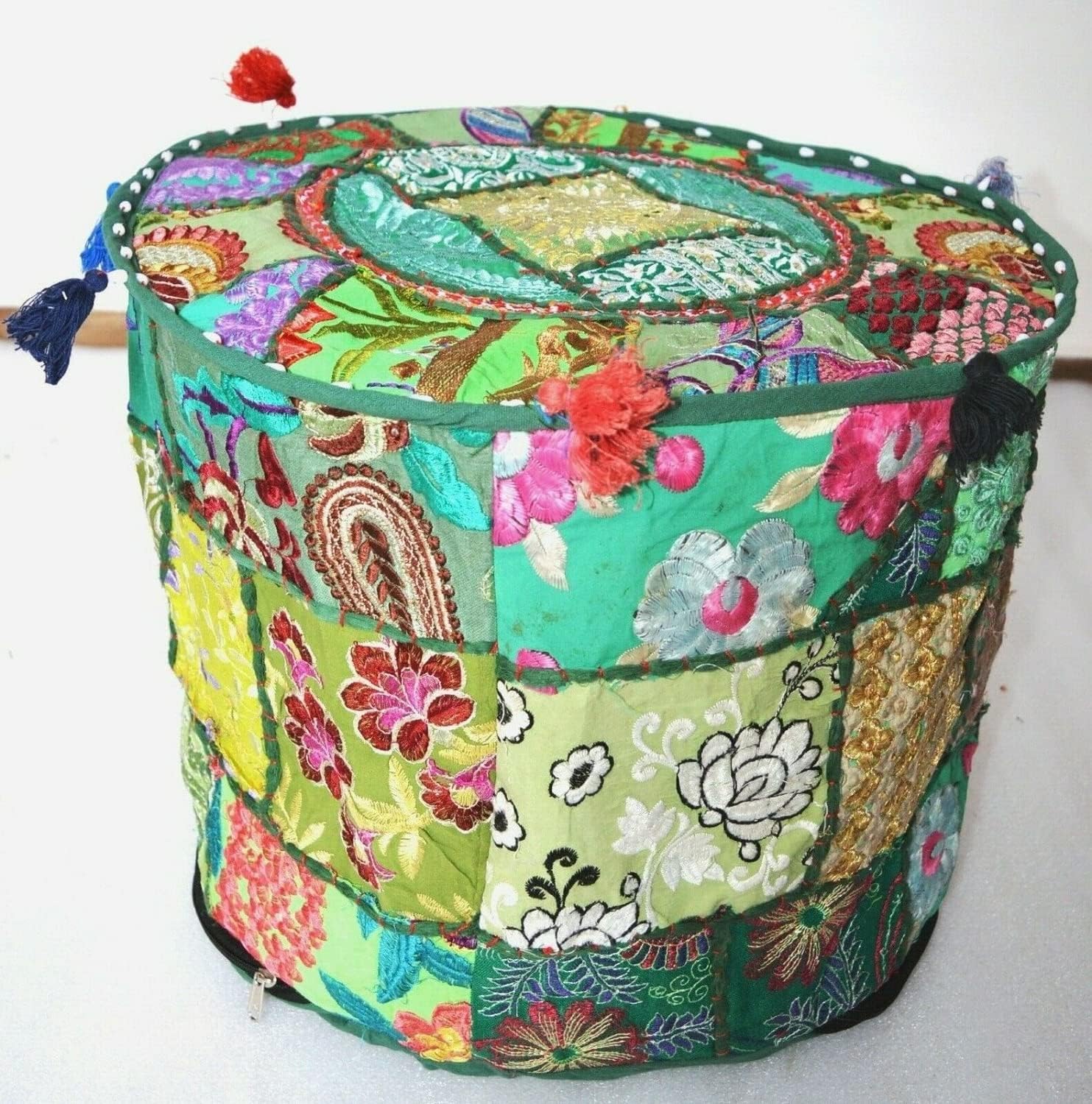 Indian Floor Ottoman Cover Pouffe Cotton Patchwork Embroidered Decor Seating (22 x 22 x 14 Inch)