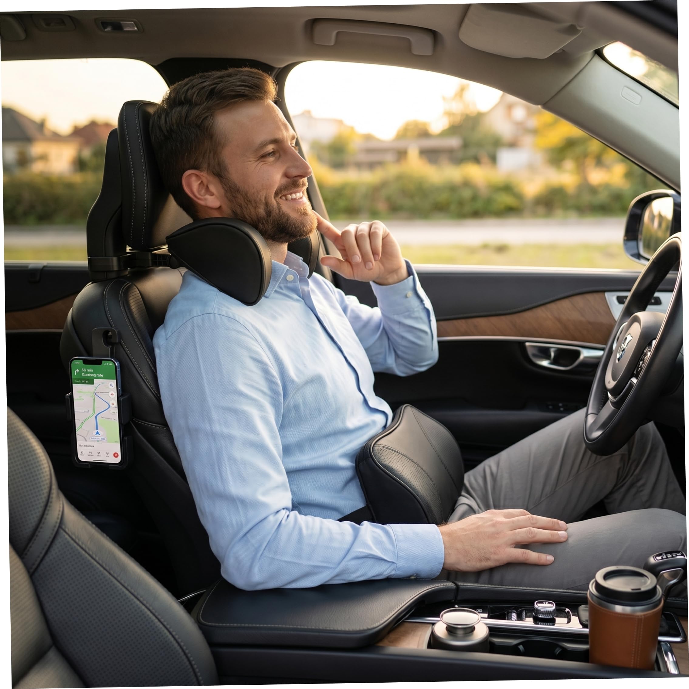 Accessoires de siège, support de cou voiture, oreiller d'appui-tête voiture réglable en 6 directions avec support téléphone et crochet, oreiller en mousse à mémoire forme en cuir pour la