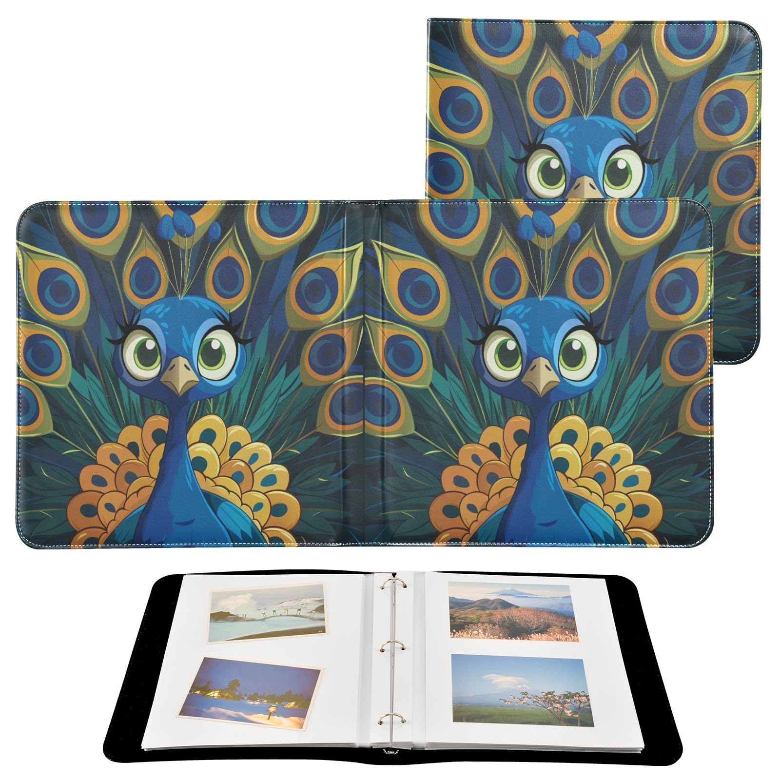 JIPONI Cartoon Peacock Large Photo Album, DIY Leather Cover Scrapbook Albums for 4x6 5x7 6x8 Pictures, Self Adhesive Memory Book for Wedding, Baby, Family