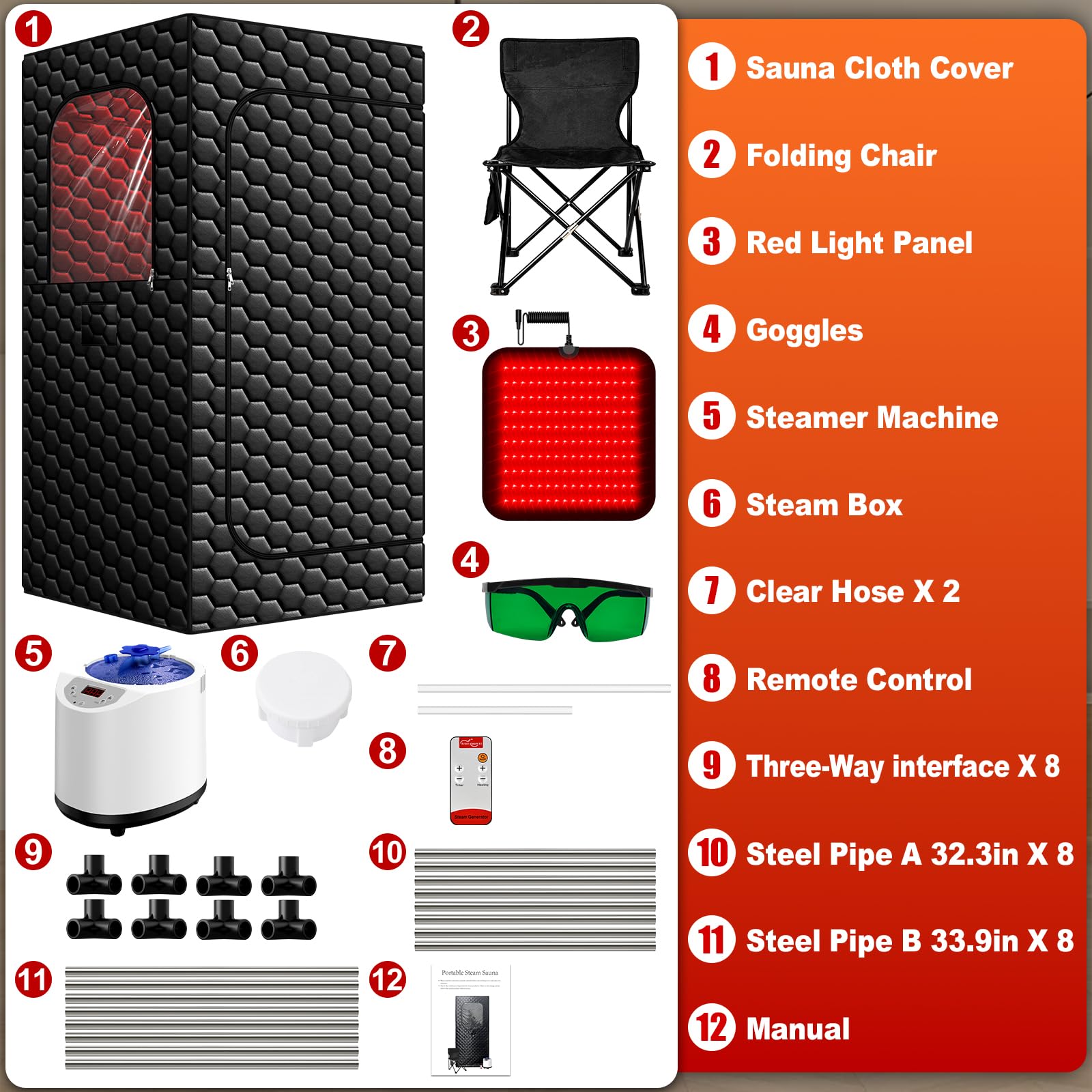 Saunen Tragbare Infrarot-Sauna mit Rotlicht-Panel, 160 LEDs 660/850 nm dampfsauna für zuhause, 1200W Dampf-Heizgenerator 3L,15 Temperaturstufen,Dampfsauna für zu Hause,183×82×82cm