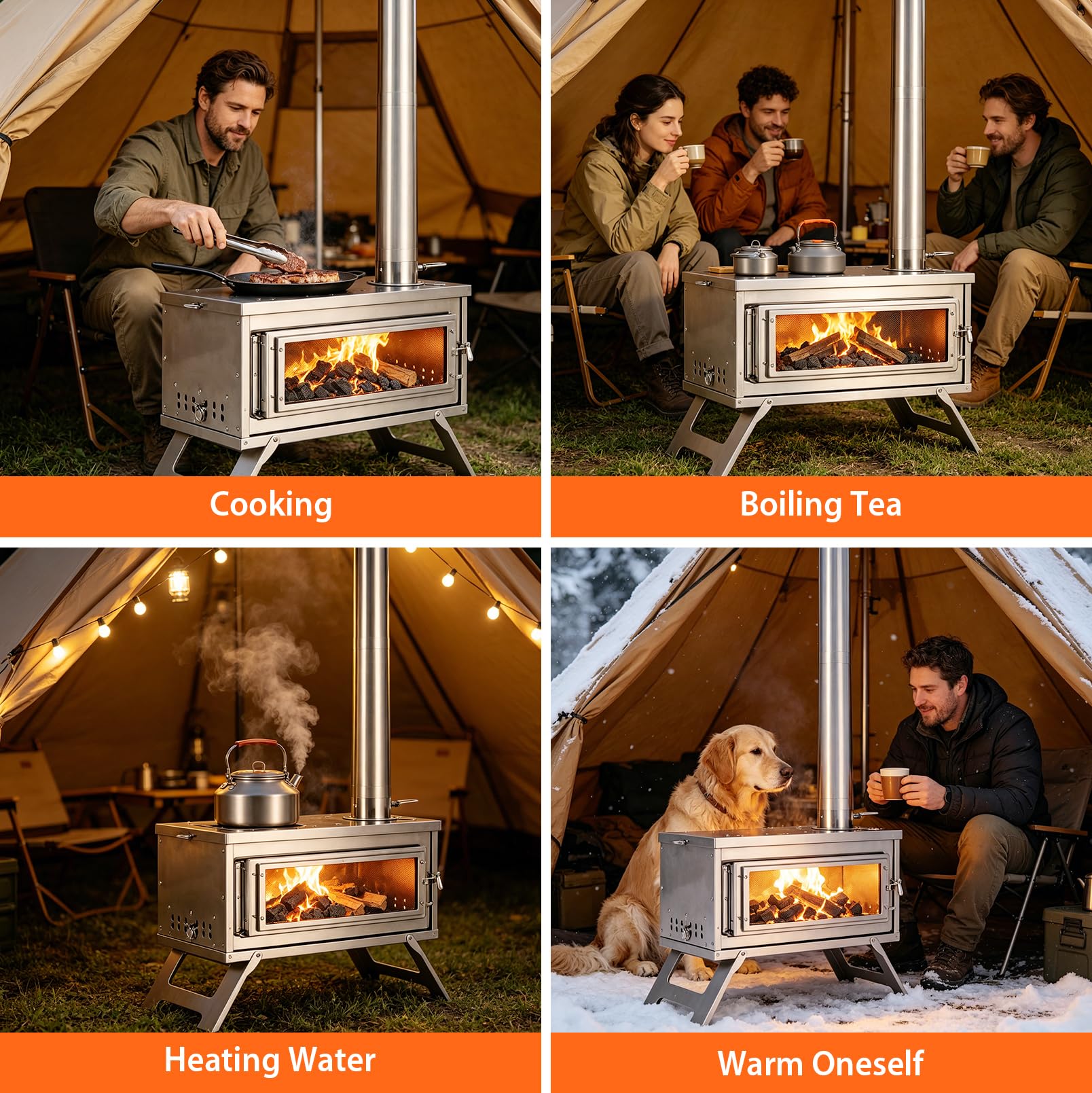 Camp Feuer Zeltofen, Edelstahl Zeltofen mit Kamin, Tragbarer Holzofen | Mit Tragetasche und Ascherost, Hochtemperaturbeständiges Holzkocher für Camping im Zelt,Outdoor-Kochen und Gartenaktivitäten